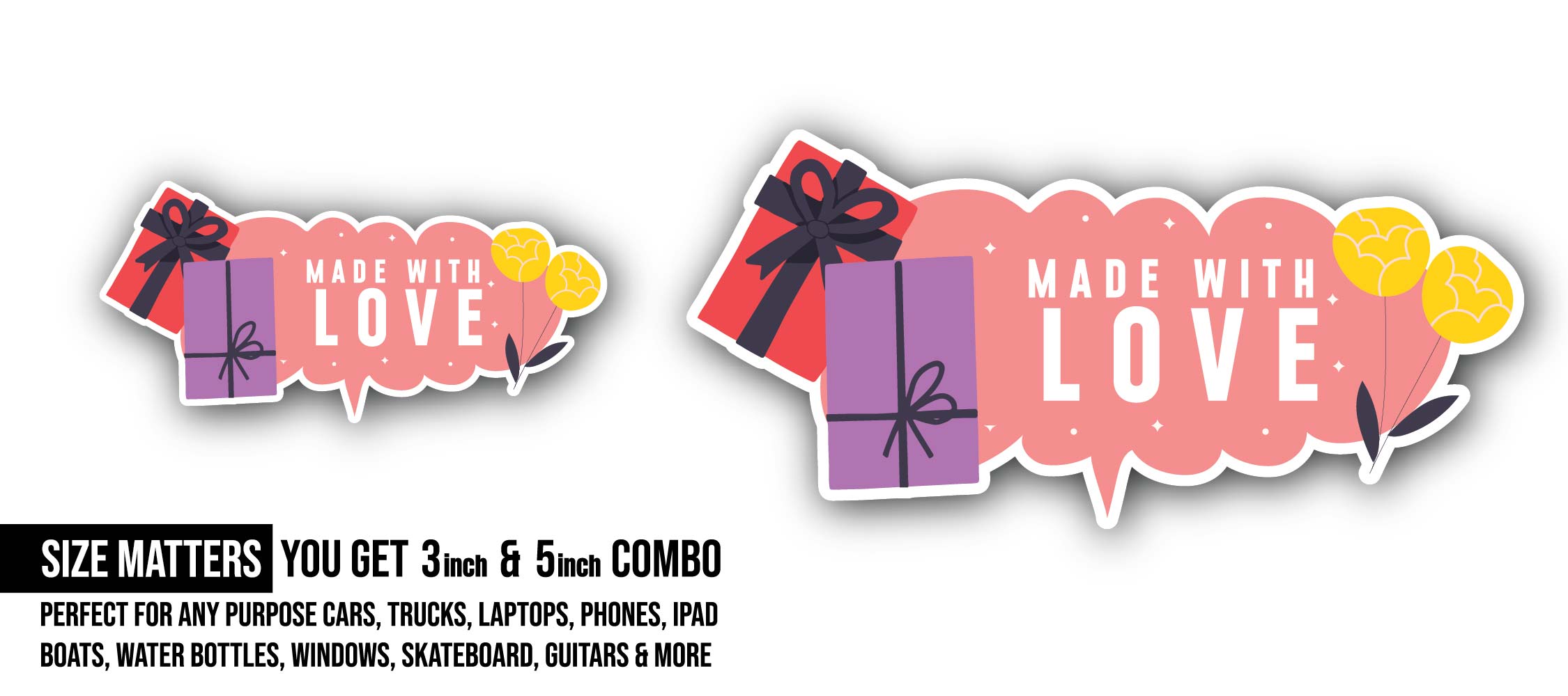 Two Gift & Made with Love Text Sticker, Waterproof Vinyl Decal Sticker Indoor Or Outdoor 2 (Pieces) 3" and 5"