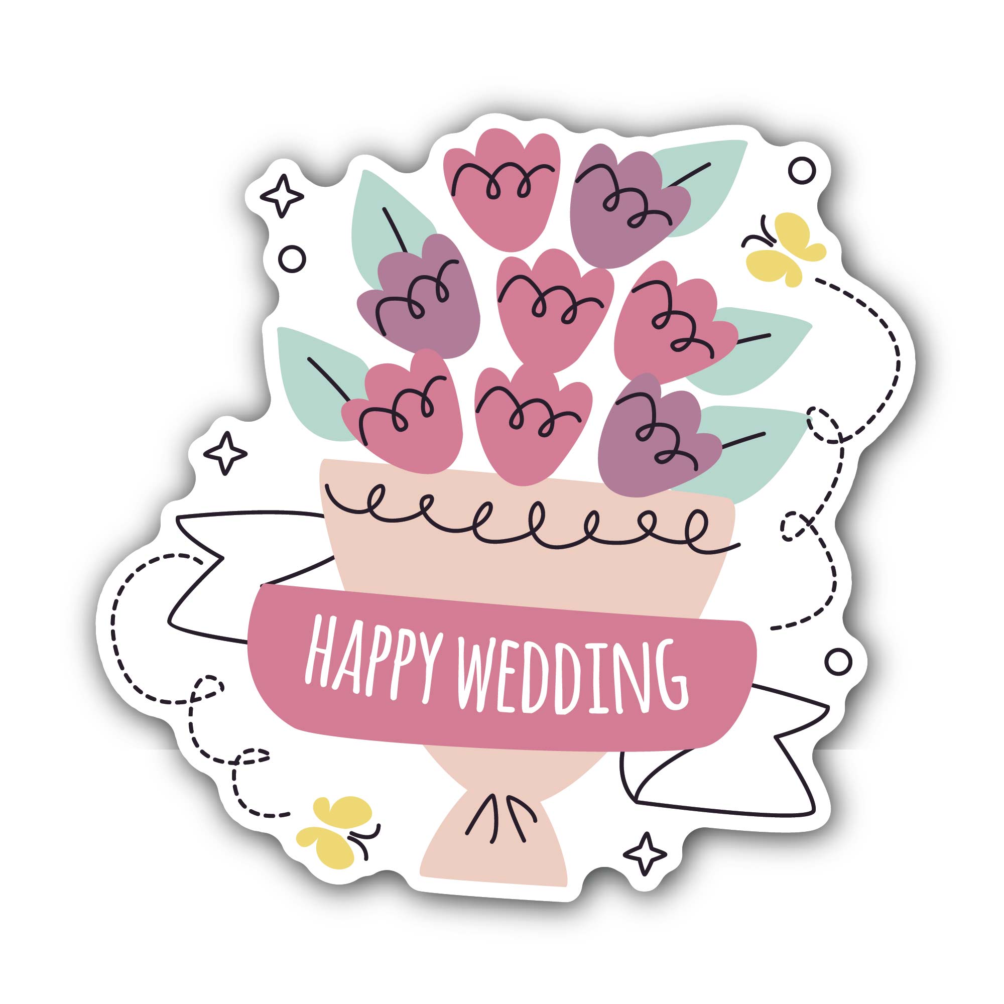 Flower Bouquet with Happy Wedding Sticker, Waterproof Vinyl Decal Sticker Indoor Or Outdoor 2 (Pieces) 3" and 5"
