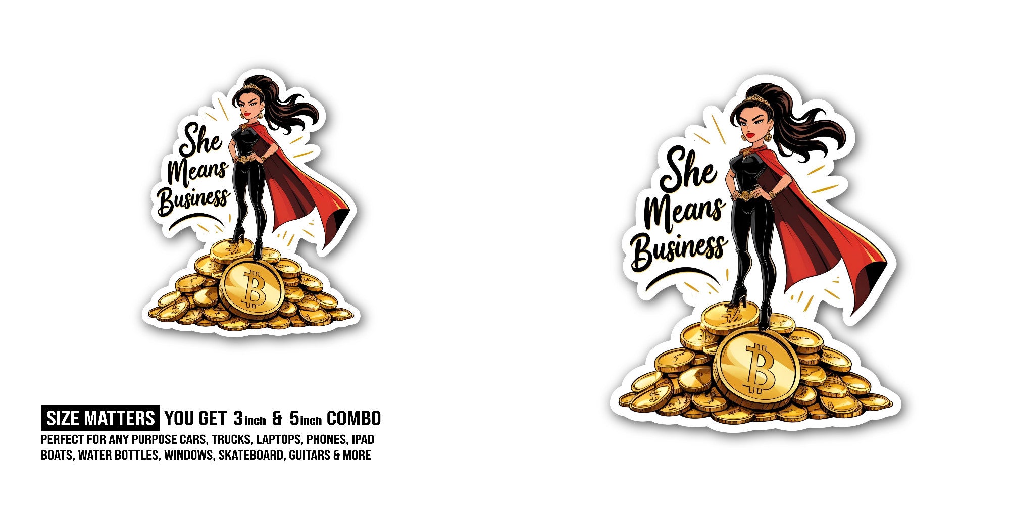 Superhero Girl On Gold Coin Sticker, Waterproof Vinyl Decal Sticker Indoor Or Outdoor 2 (Pieces) 3" and 5"