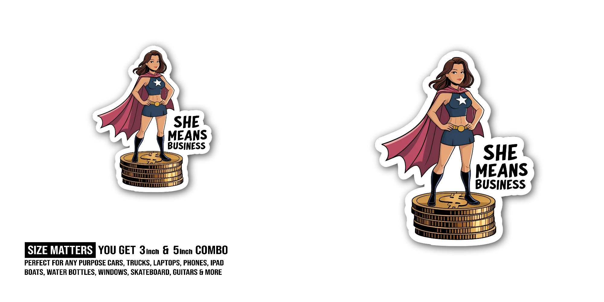 Powerful, business-minded woman Sticker, Waterproof Vinyl Decal Sticker Indoor Or Outdoor 2 (Pieces) 3" and 5"