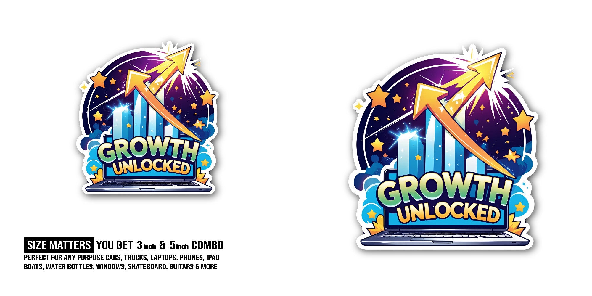 GROWTH UNLOCKED Sticker, Waterproof Vinyl Decal Sticker Indoor Or Outdoor 2 (Pieces) 3" and 5"