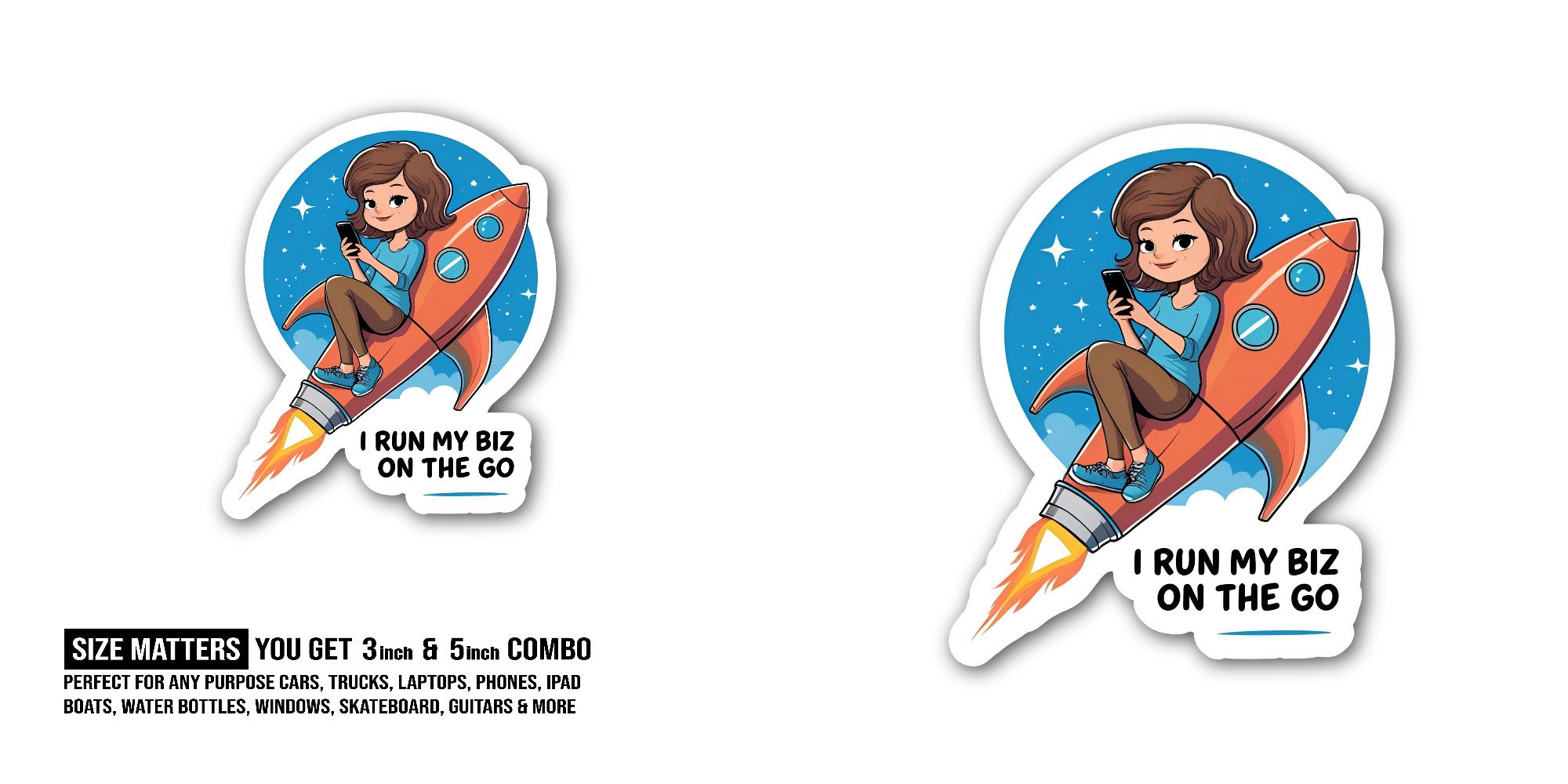 I RUN MY BIZ ON THE GO Sticker, Waterproof Vinyl Decal Sticker Indoor Or Outdoor 2 (Pieces) 3" and 5"