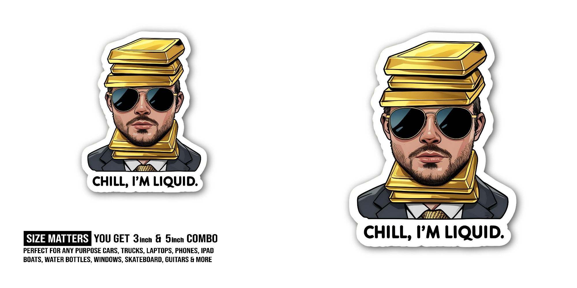 Liquid Gold Man Sticker, Waterproof Vinyl Decal Sticker Indoor Or Outdoor 2 (Pieces) 3" and 5"