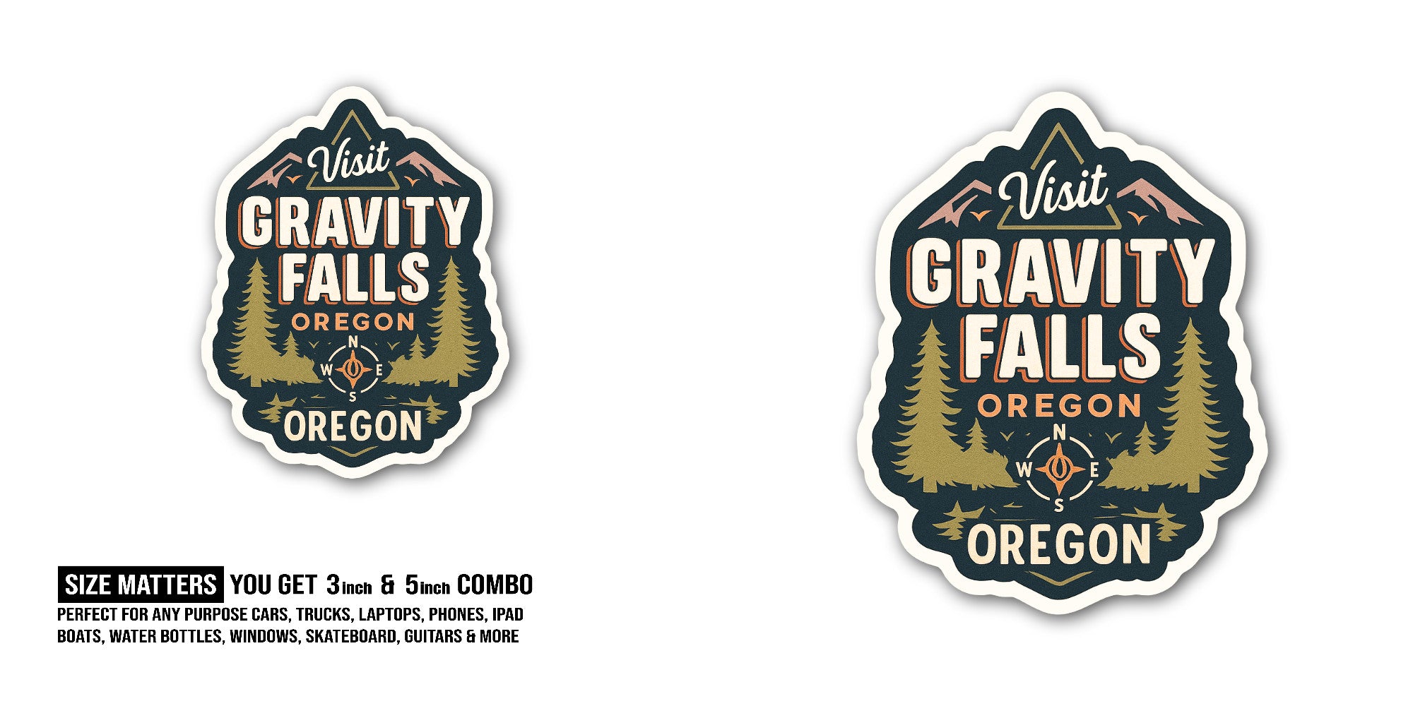 Visit Gravity Falls Oregon Sticker, Waterproof Vinyl Decal Sticker Indoor Or Outdoor 2 (Pieces) 3" and 5"