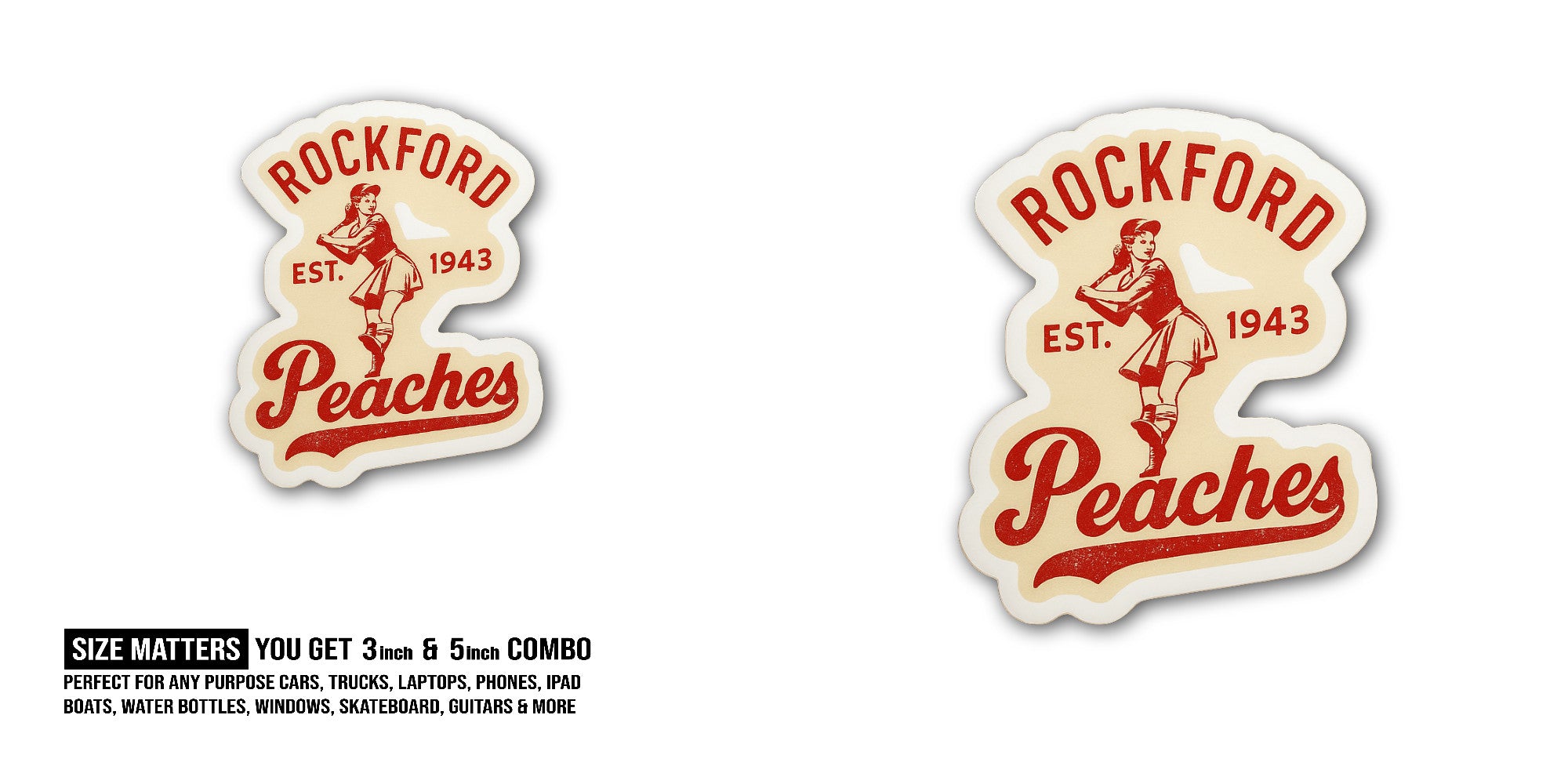 Rockford Peaches Sticker, Waterproof Vinyl Decal Sticker Indoor Or Outdoor 2 (Pieces) 3" and 5"