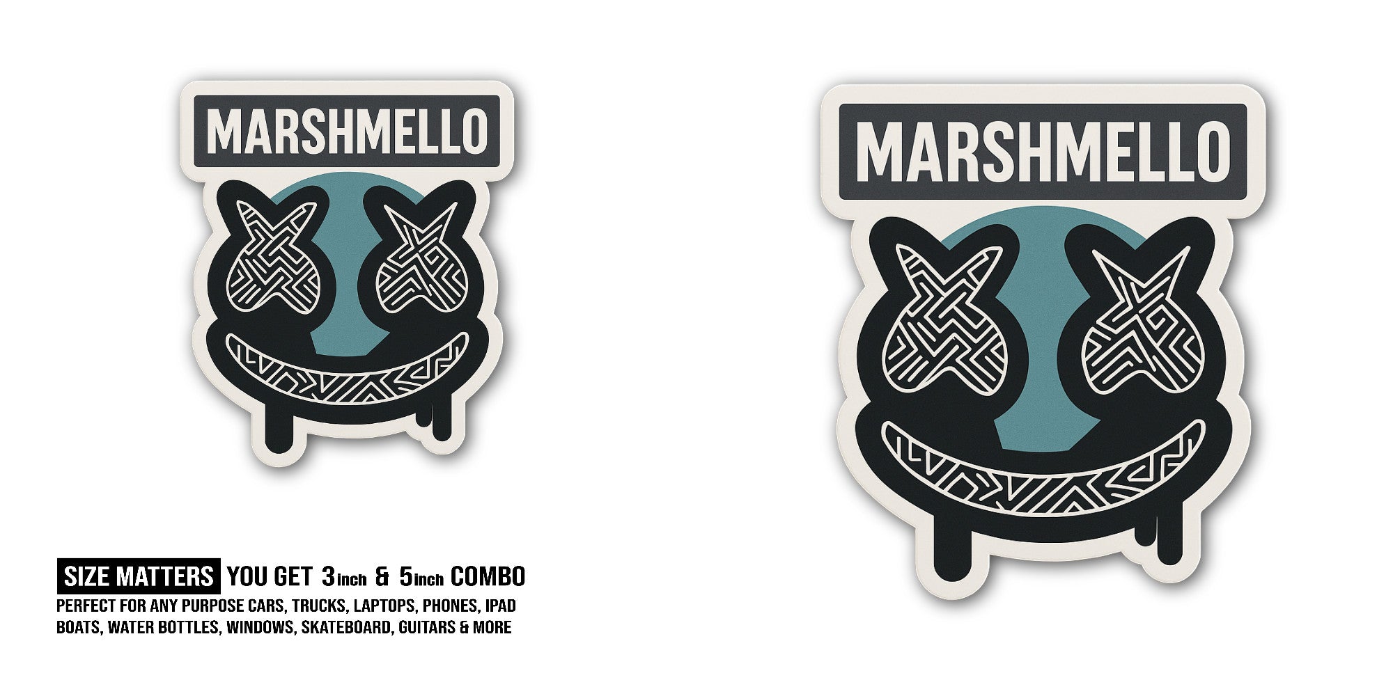 Marshmello Sticker, Waterproof Vinyl Decal Sticker Indoor Or Outdoor 2 (Pieces) 3" and 5"