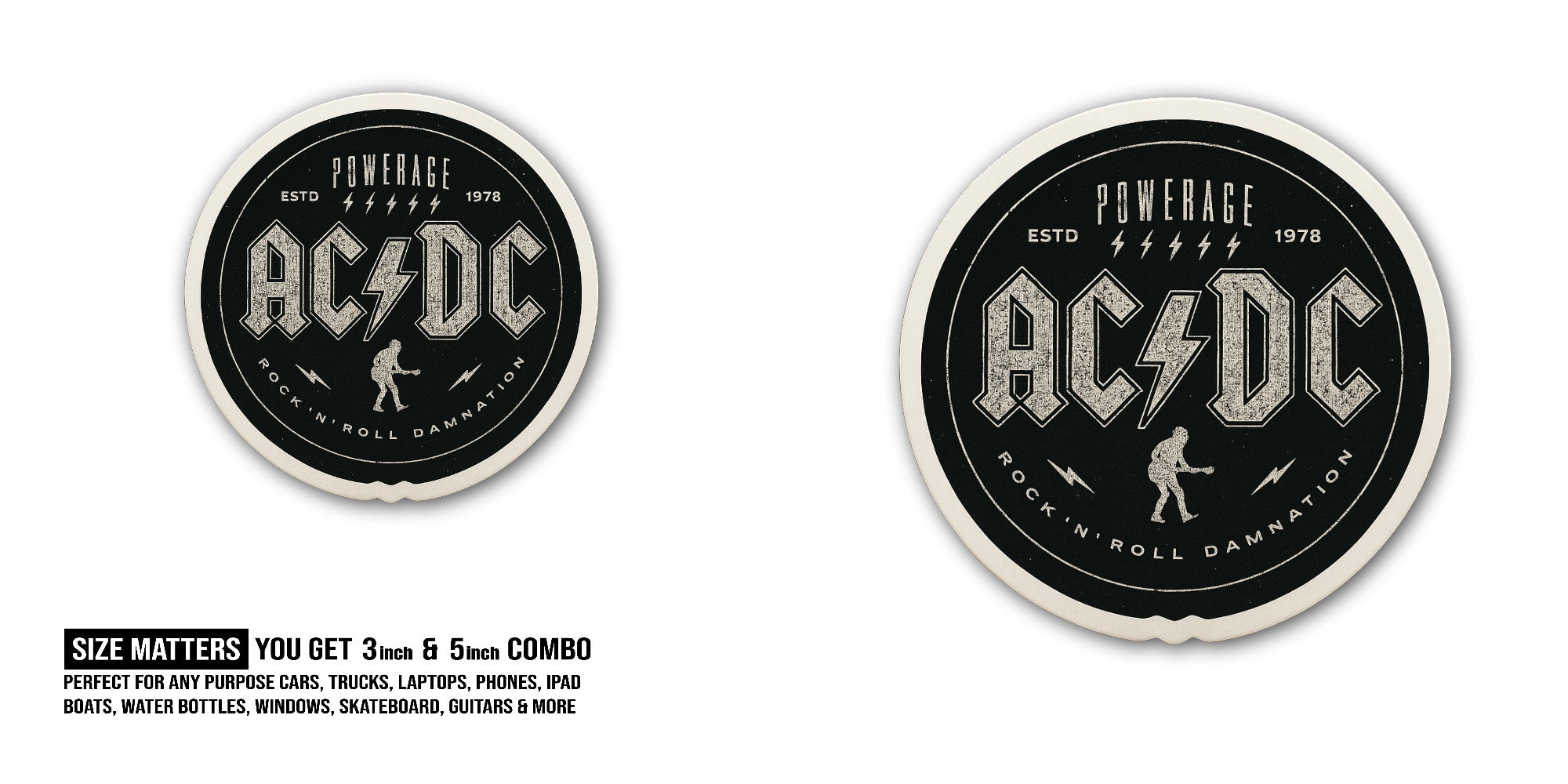 AC/DC Powerage Rock 'n' Roll Damnation Sticker, Waterproof Vinyl Decal Sticker Indoor Or Outdoor 2 (Pieces) 3" and 5"