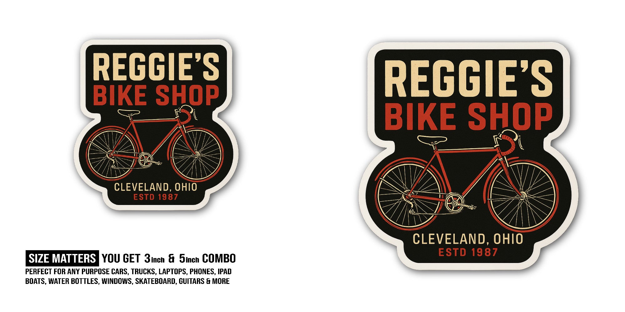 REGGIE'S Bike Shop Sticker, Waterproof Vinyl Decal Sticker Indoor Or Outdoor 2 (Pieces) 3" and 5"