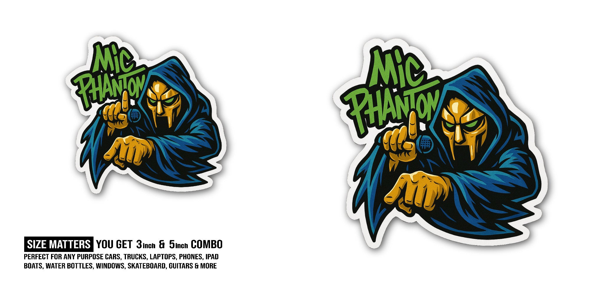 Mic PHANTON Sticker, Waterproof Vinyl Decal Sticker Indoor Or Outdoor 2 (Pieces) 3" and 5"