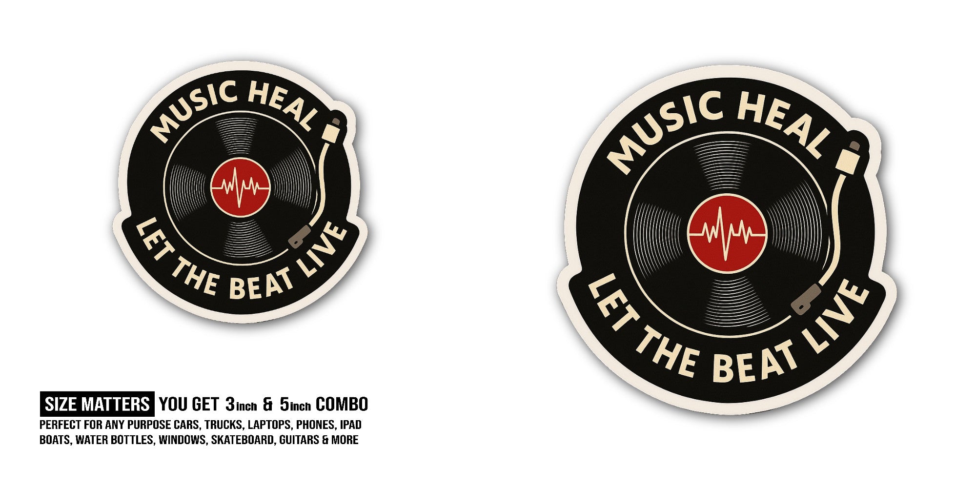 Music HEAL Sticker, Waterproof Vinyl Decal Sticker Indoor Or Outdoor 2 (Pieces) 3" and 5"