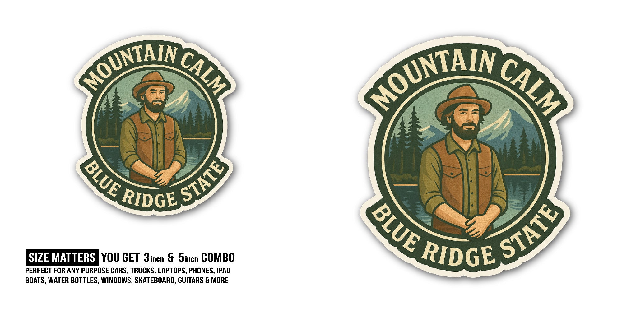 Mountain Calm Blue Ridge State Sticker, Waterproof Vinyl Decal Sticker Indoor Or Outdoor 2 (Pieces) 3" and 5"