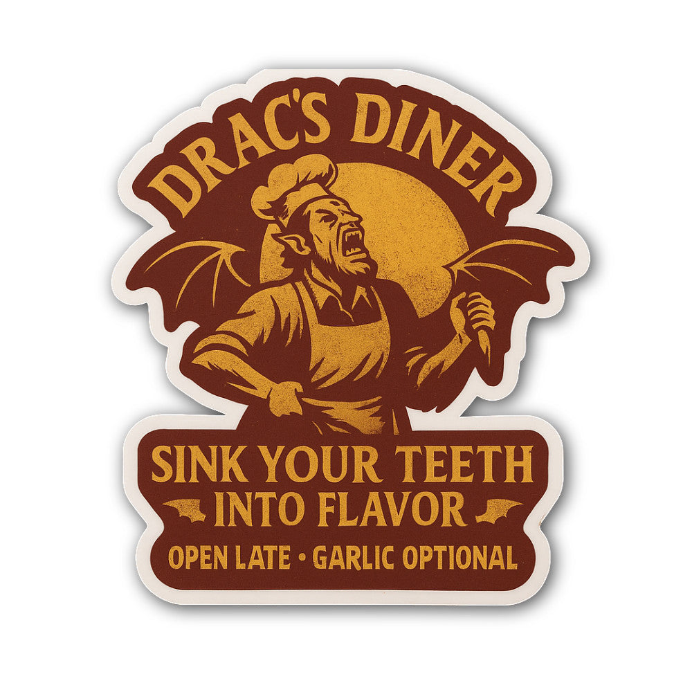Diner DRAC'S Sink Your Teeth INTO Flavor Sticker, Waterproof Vinyl Decal Sticker Indoor Or Outdoor 2 (Pieces) 3" and 5"