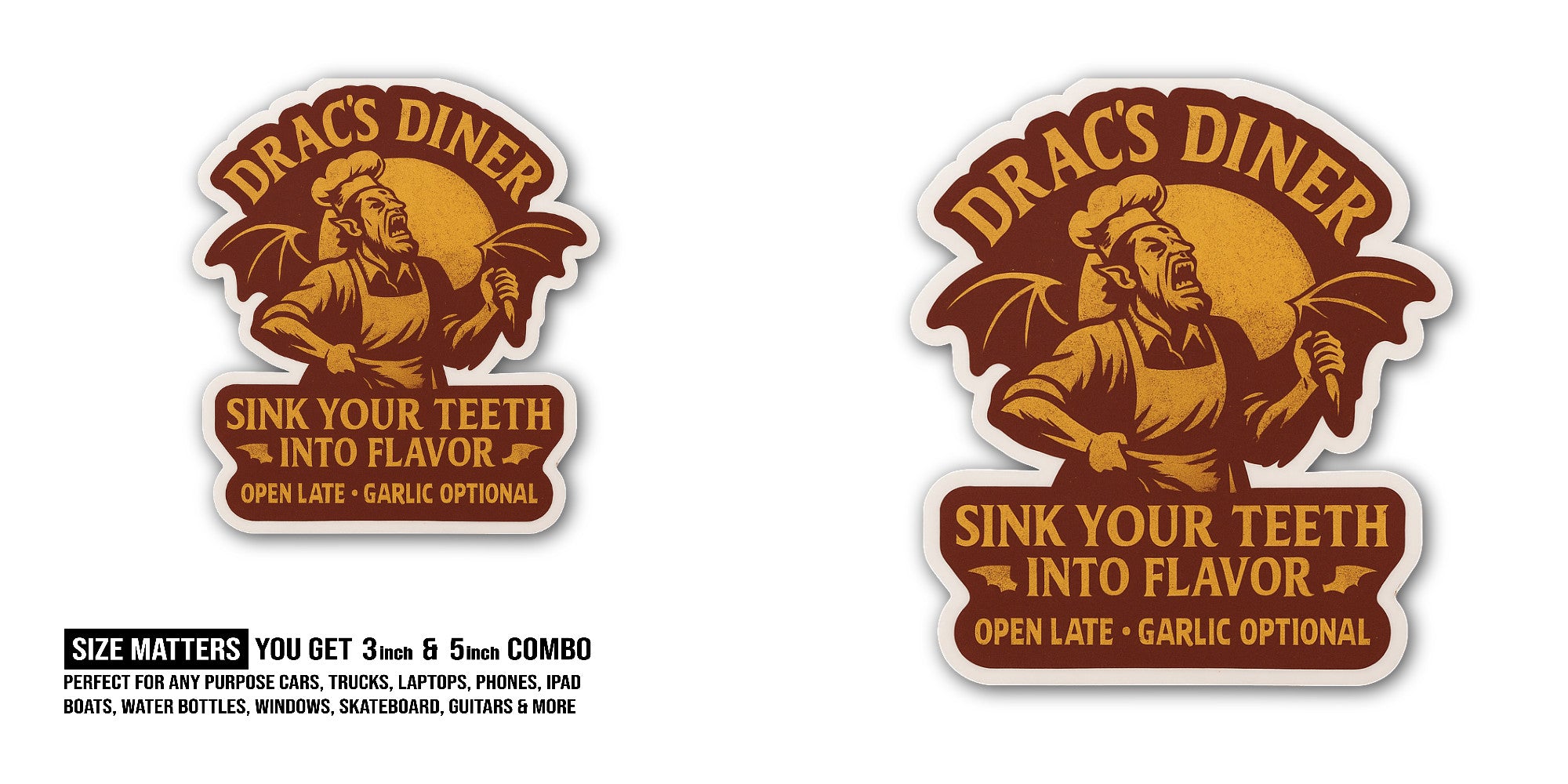 Diner DRAC'S Sink Your Teeth INTO Flavor Sticker, Waterproof Vinyl Decal Sticker Indoor Or Outdoor 2 (Pieces) 3" and 5"