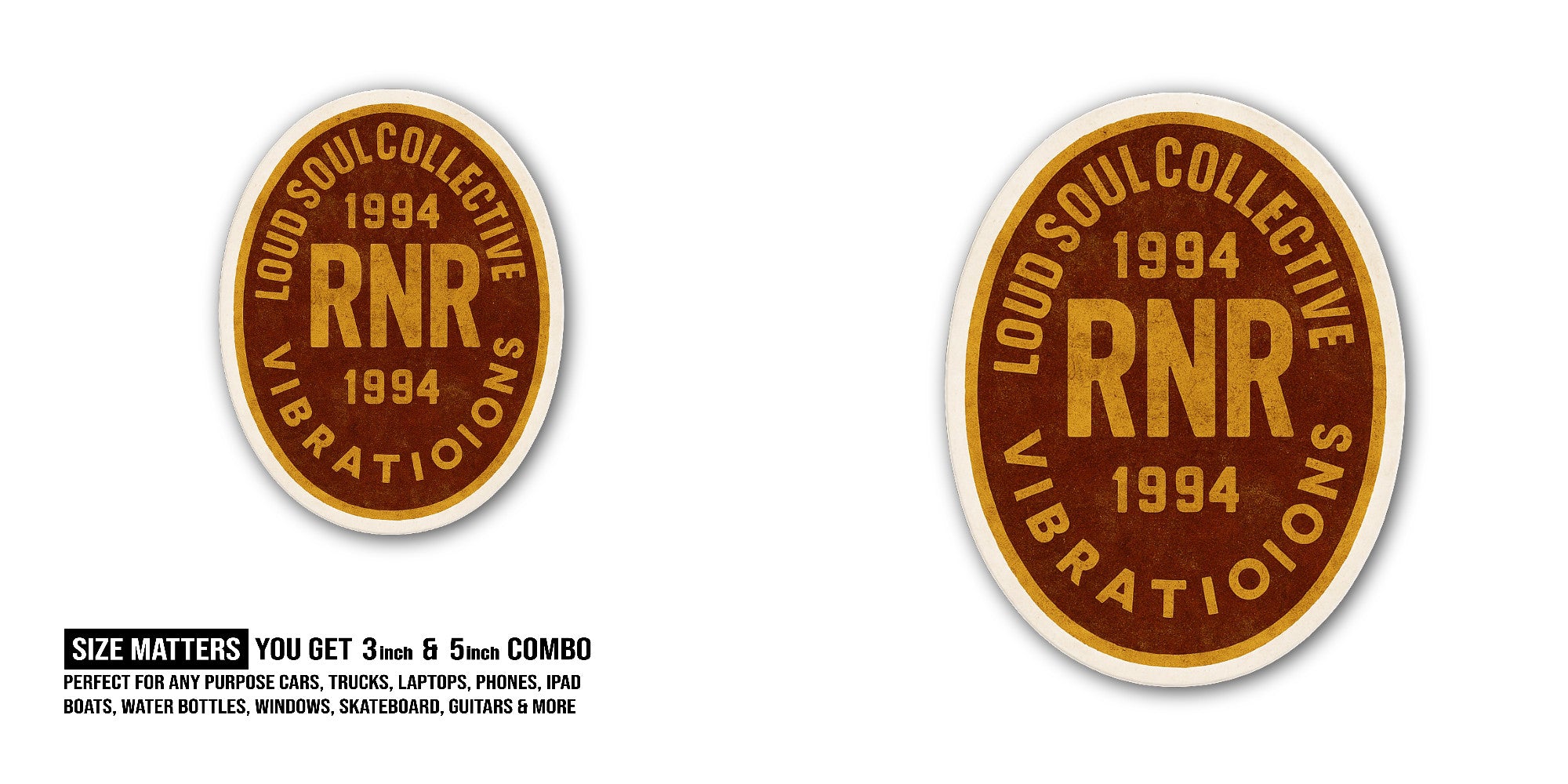 LOUD SOUL COLLECTIVE RNR VIBRATION Sticker, Waterproof Vinyl Decal Sticker Indoor Or Outdoor 2 (Pieces) 3" and 5"