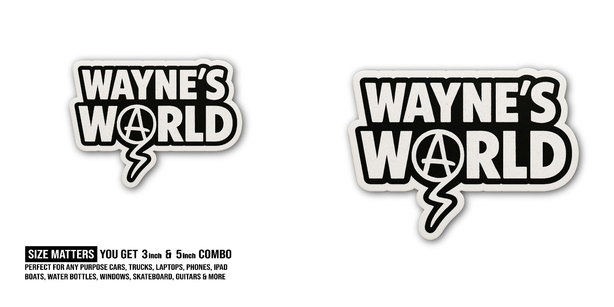W@aynes World Sticker, Waterproof Vinyl Decal Sticker Indoor Or Outdoor 2 (Pieces) 3" and 5"