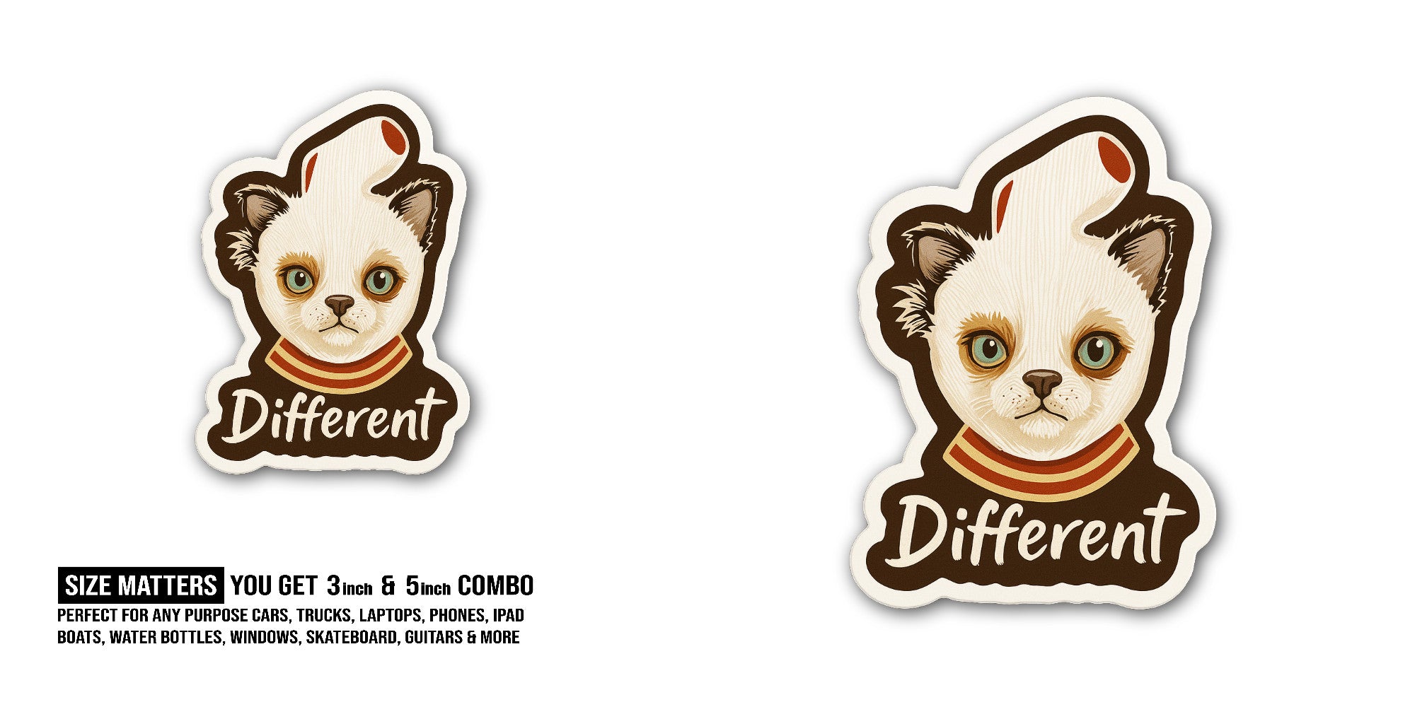 Different Cat Sticker, Waterproof Vinyl Decal Sticker Indoor Or Outdoor 2 (Pieces) 3" and 5"