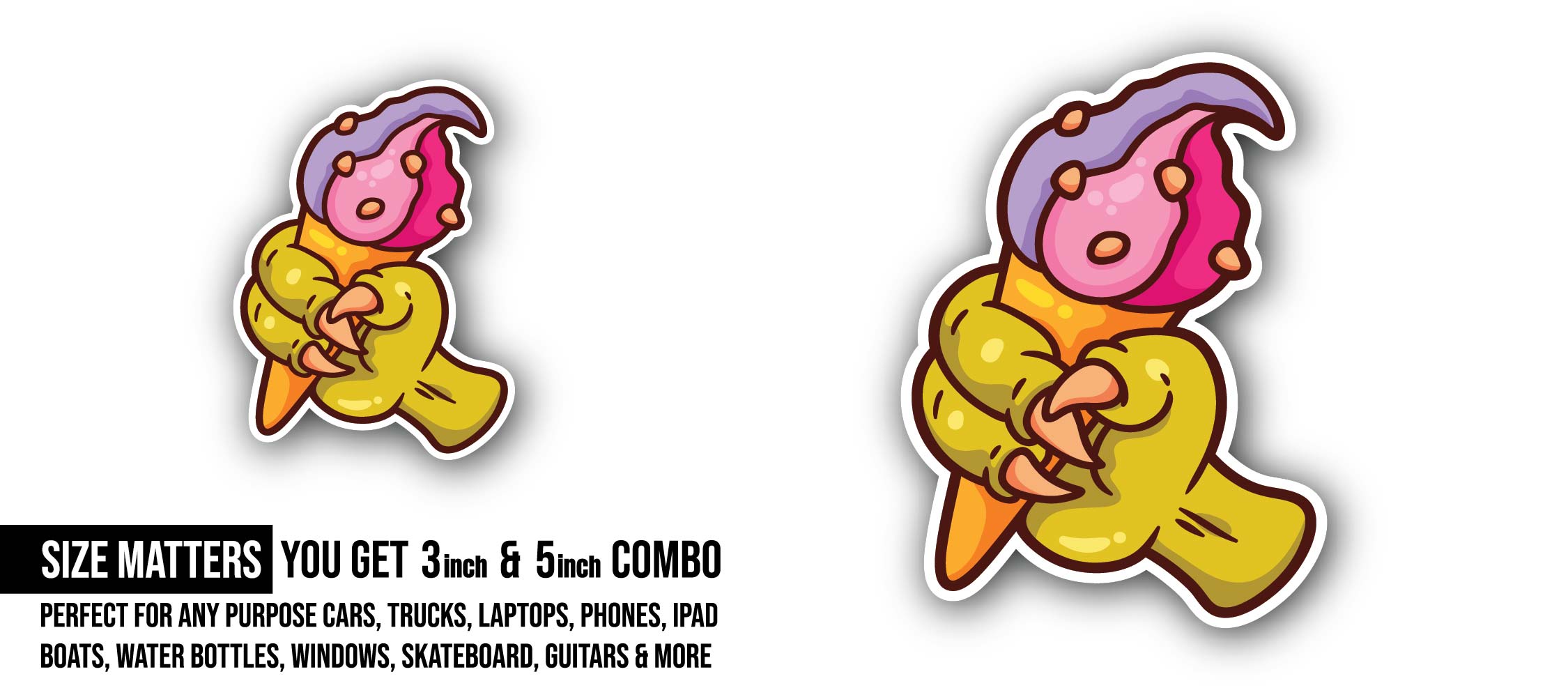 Dinosaur Hand with Ice Cream Sticker, Waterproof Vinyl Decal Sticker Indoor Or Outdoor 2 (Pieces) 3" and 5"