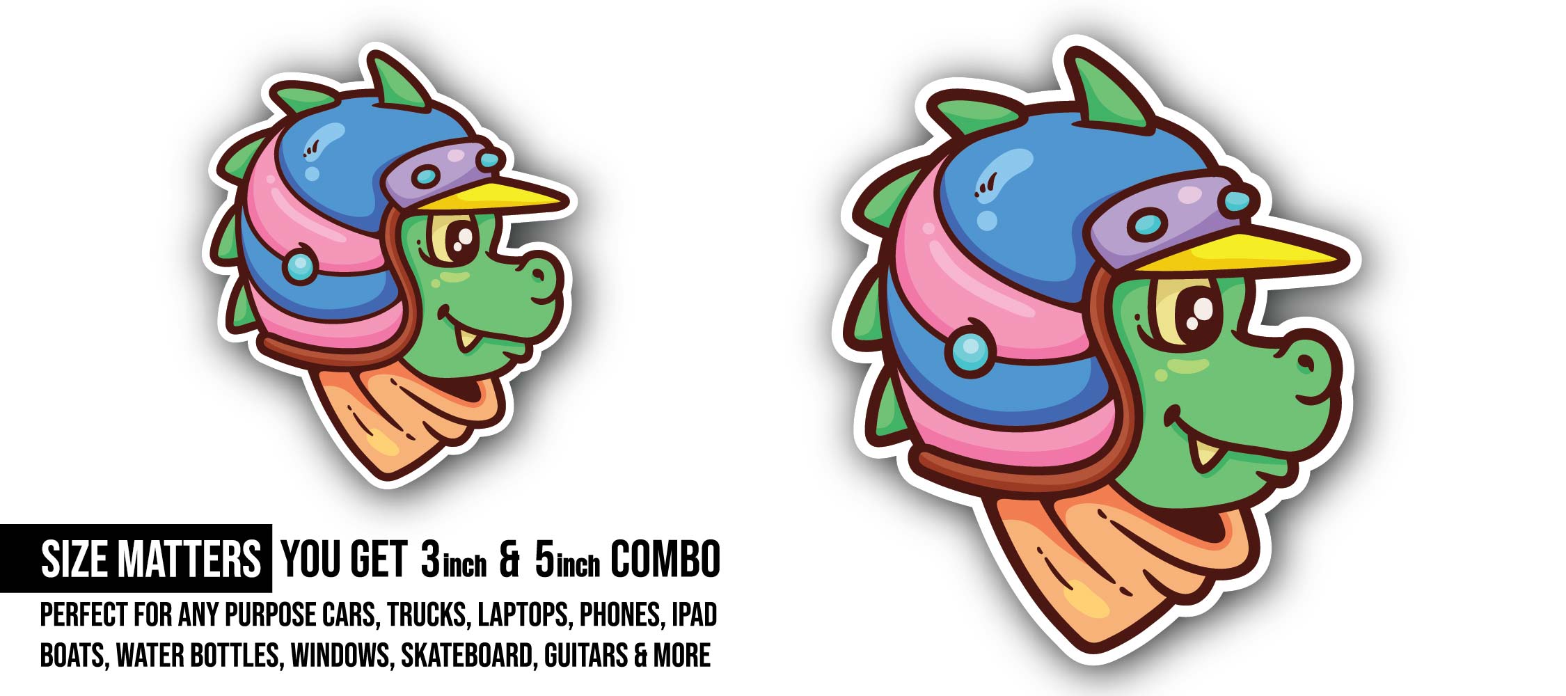 Crocodile with Helmet Sticker, Waterproof Vinyl Decal Sticker Indoor Or Outdoor 2 (Pieces) 3" and 5"