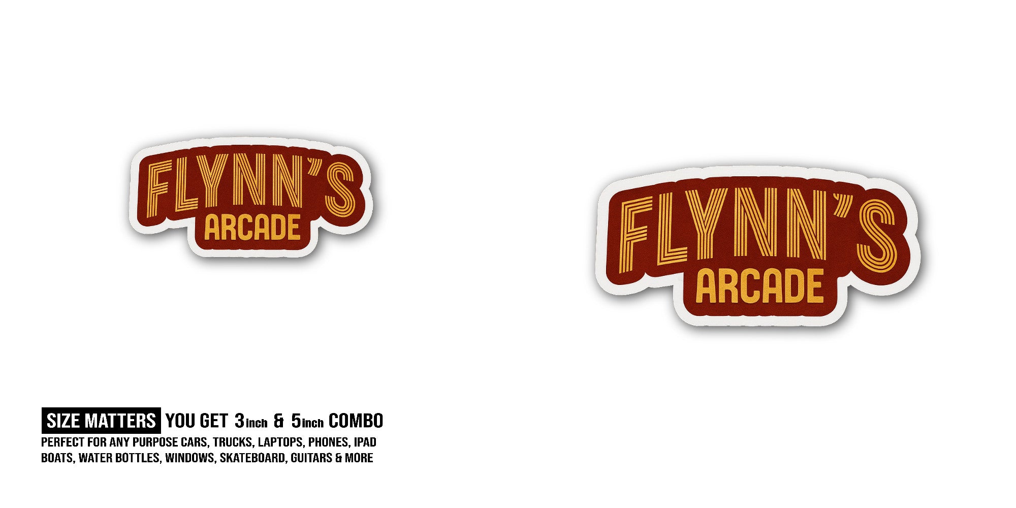 Flynn's Arcade Sticker, Waterproof Vinyl Decal Sticker Indoor Or Outdoor 2 (Pieces) 3" and 5"