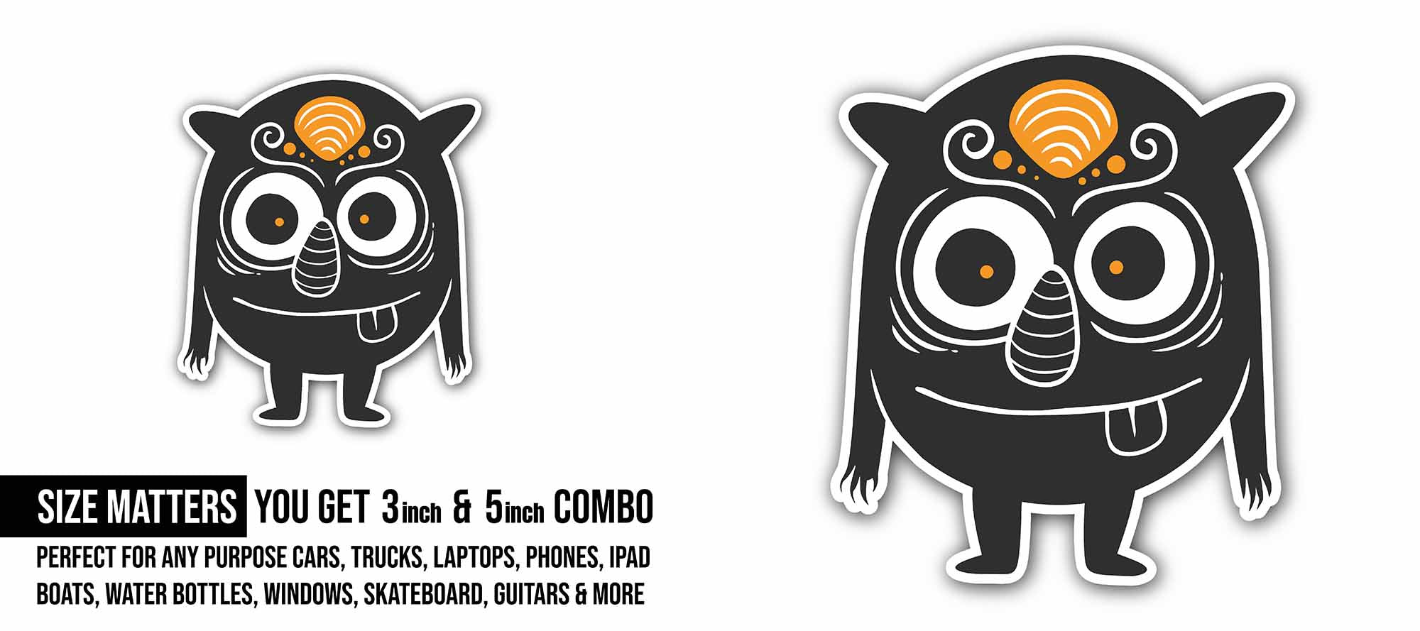 Black Cute Monster Sticker, Waterproof Vinyl Decal Sticker Indoor Or Outdoor 2 (Pieces) 3" and 5"