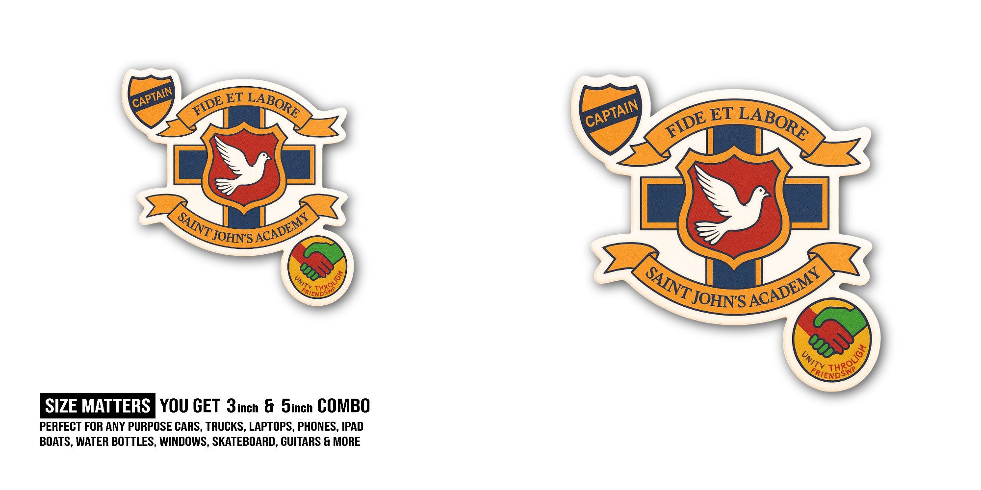 FIDE ET LABORE SAINT JOHN'S ACADEMY Sticker, Waterproof Vinyl Decal Sticker Indoor Or Outdoor 2 (Pieces) 3" and 5"