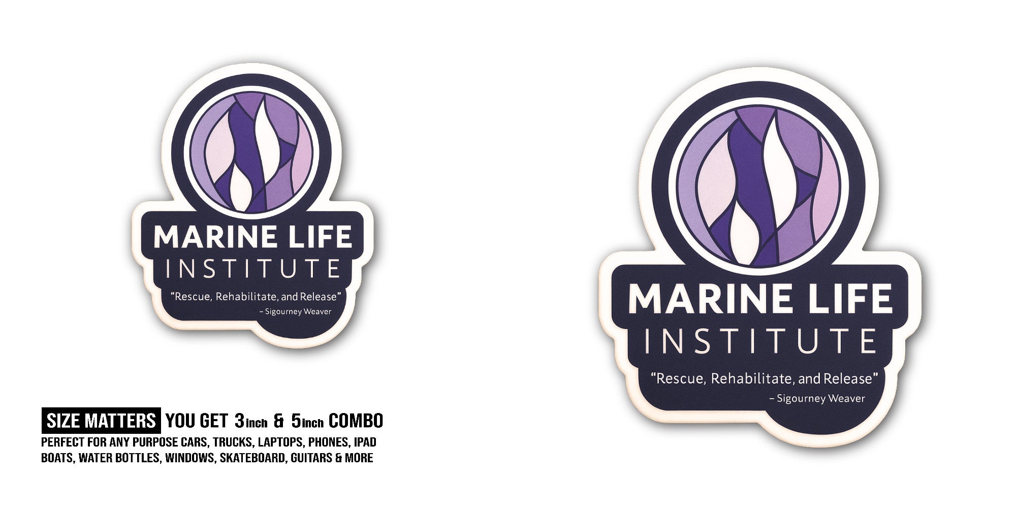 Marine Life Institute Sticker, Waterproof Vinyl Decal Sticker Indoor Or Outdoor 2 (Pieces) 3" and 5"