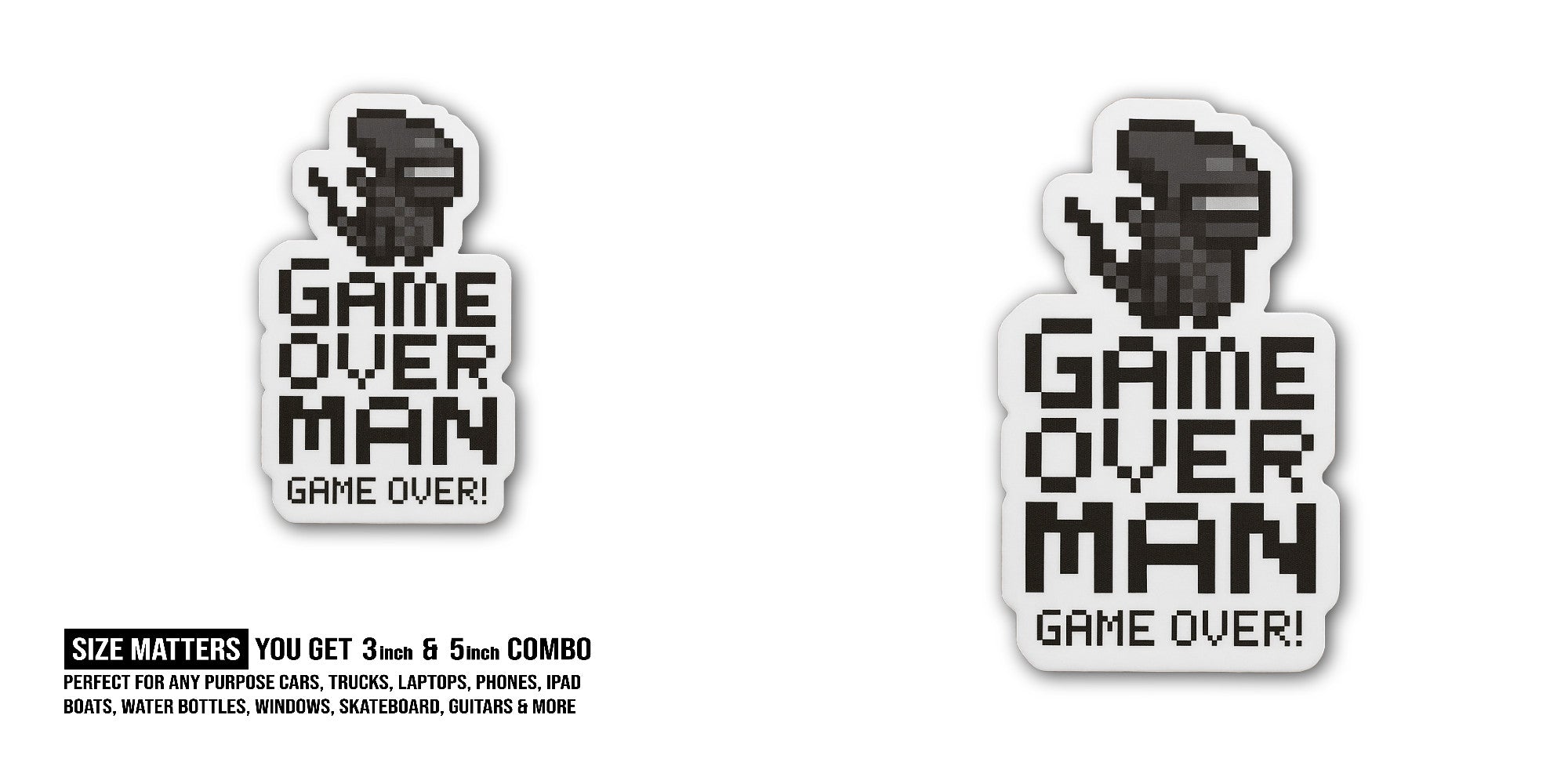 Game Over Man Game Over Sticker, Waterproof Vinyl Decal Sticker Indoor Or Outdoor 2 (Pieces) 3" and 5"