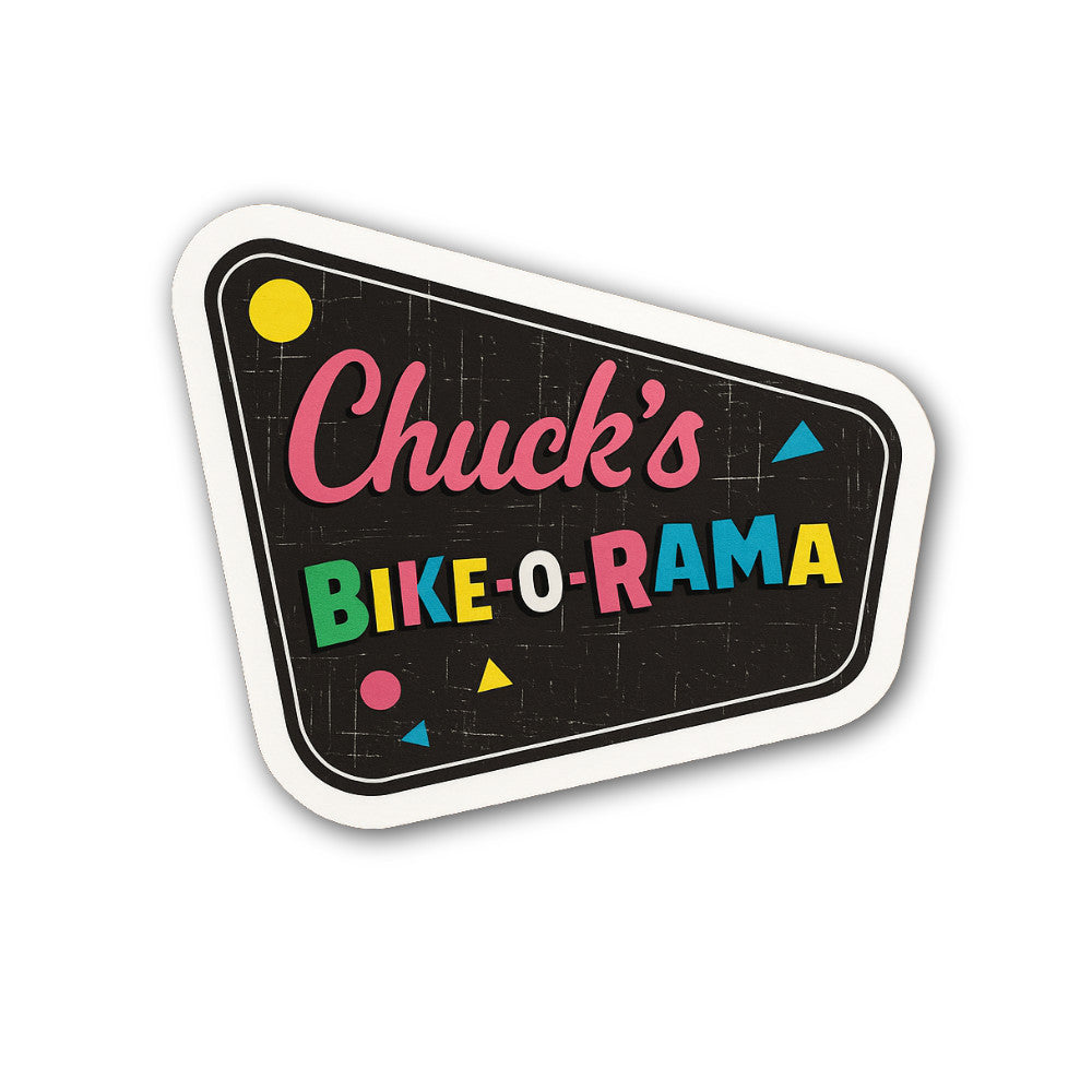 Chuck's Bike-O-RAMA Sticker, Waterproof Vinyl Decal Sticker Indoor Or Outdoor 2 (Pieces) 3" and 5"