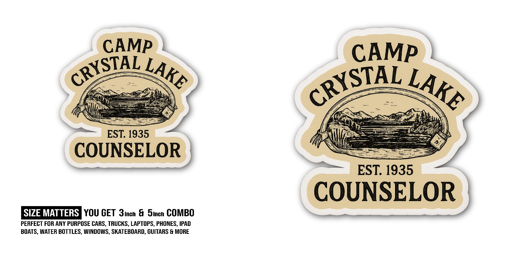 Camp Crystal Lake Counselor Sticker, Waterproof Vinyl Decal Sticker Indoor Or Outdoor 2 (Pieces) 3" and 5"