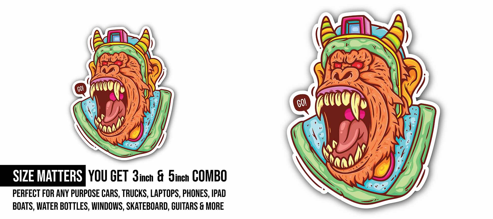 Monster Gorilla Sticker, Waterproof Vinyl Decal Sticker Indoor Or Outdoor 2 (Pieces) 3" and 5"