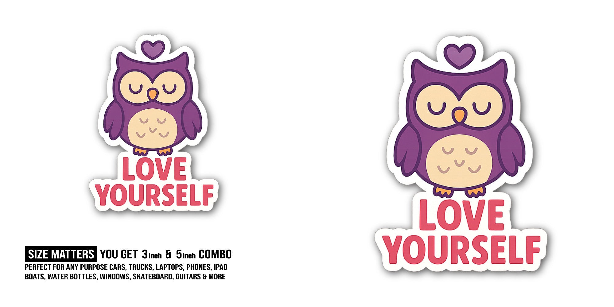 Cute owl Sticker, Waterproof Vinyl Decal Sticker Indoor Or Outdoor 2 (Pieces) 3" and 5"