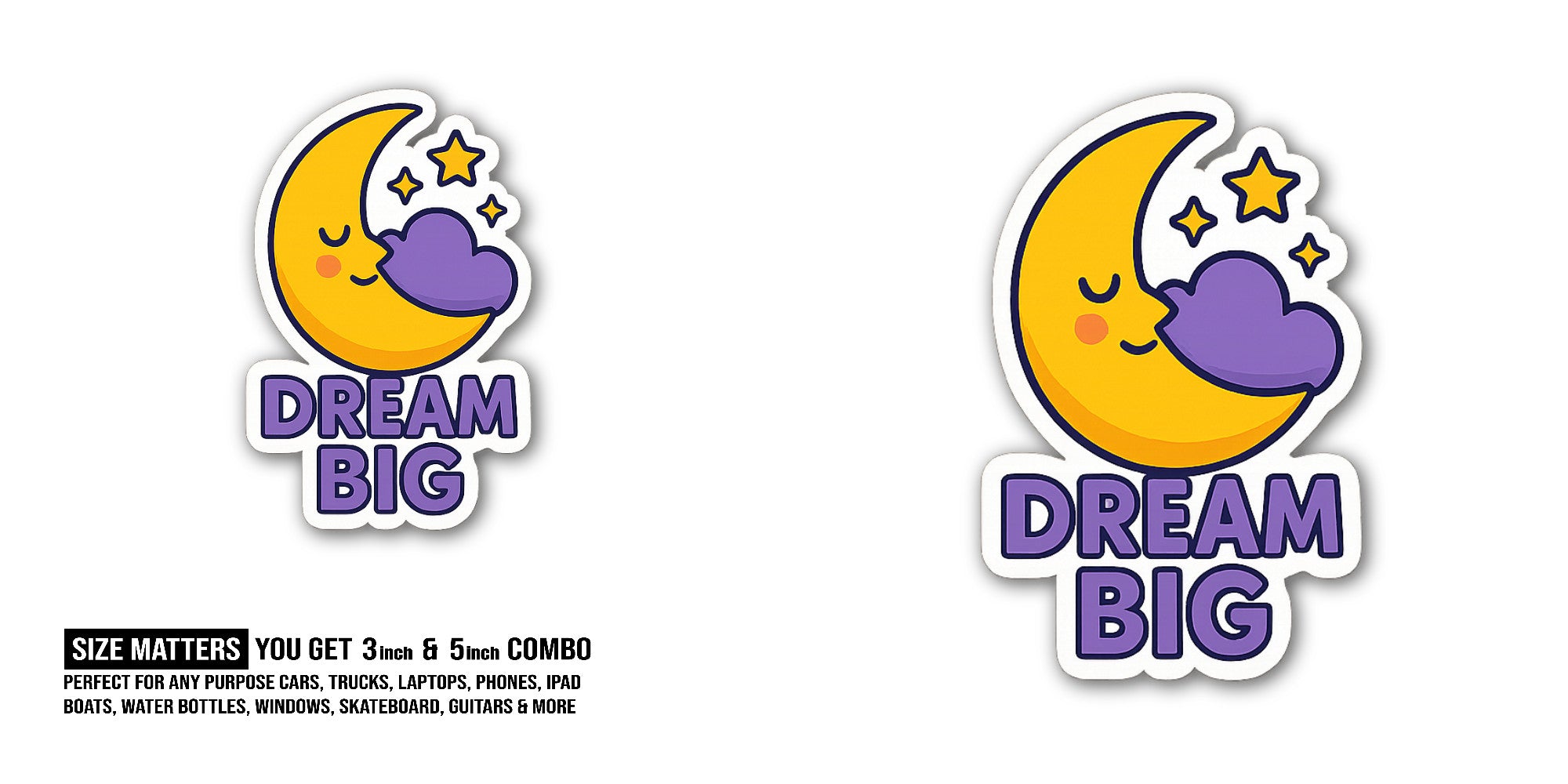 Cute moon and stars Sticker, Waterproof Vinyl Decal Sticker Indoor Or Outdoor 2 (Pieces) 3" and 5"