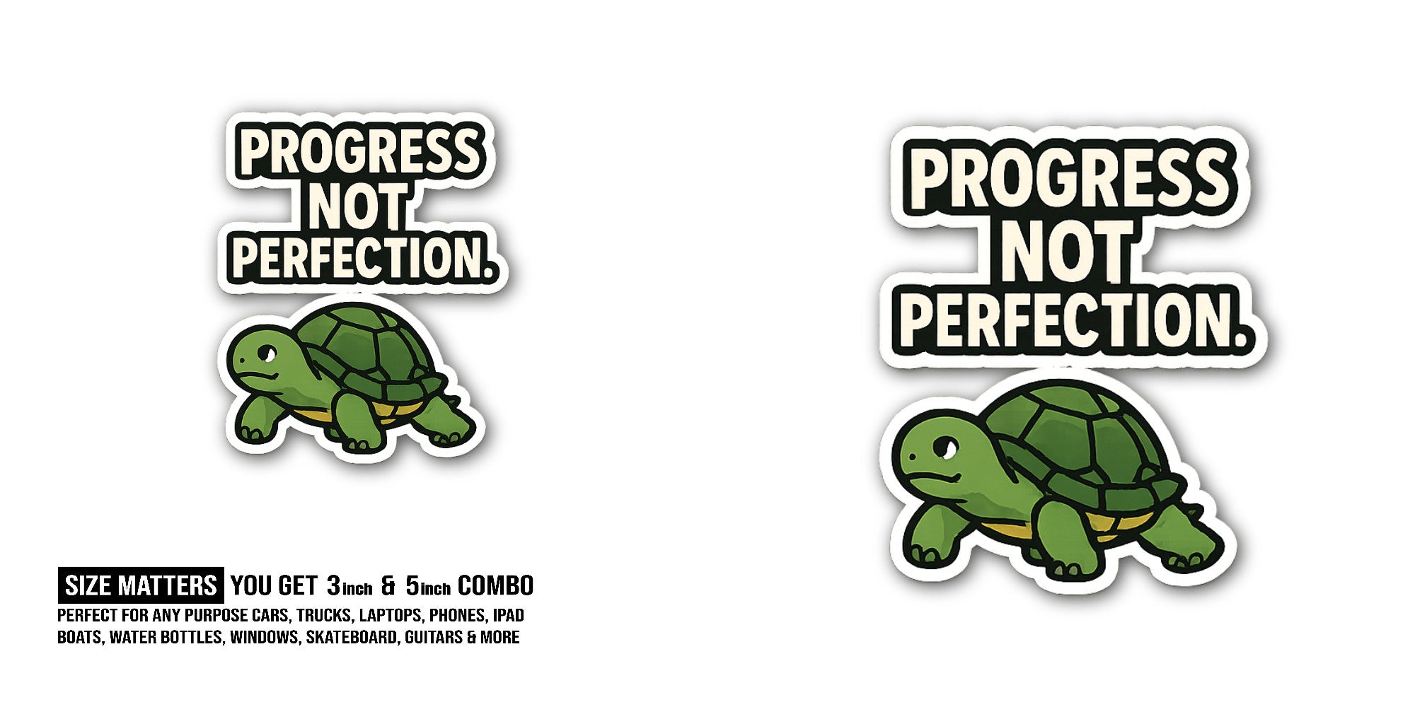 PROGRESS NOTE PERFECTION & Turtle Sticker, Waterproof Vinyl Decal Sticker Indoor Or Outdoor 2 (Pieces) 3" and 5"
