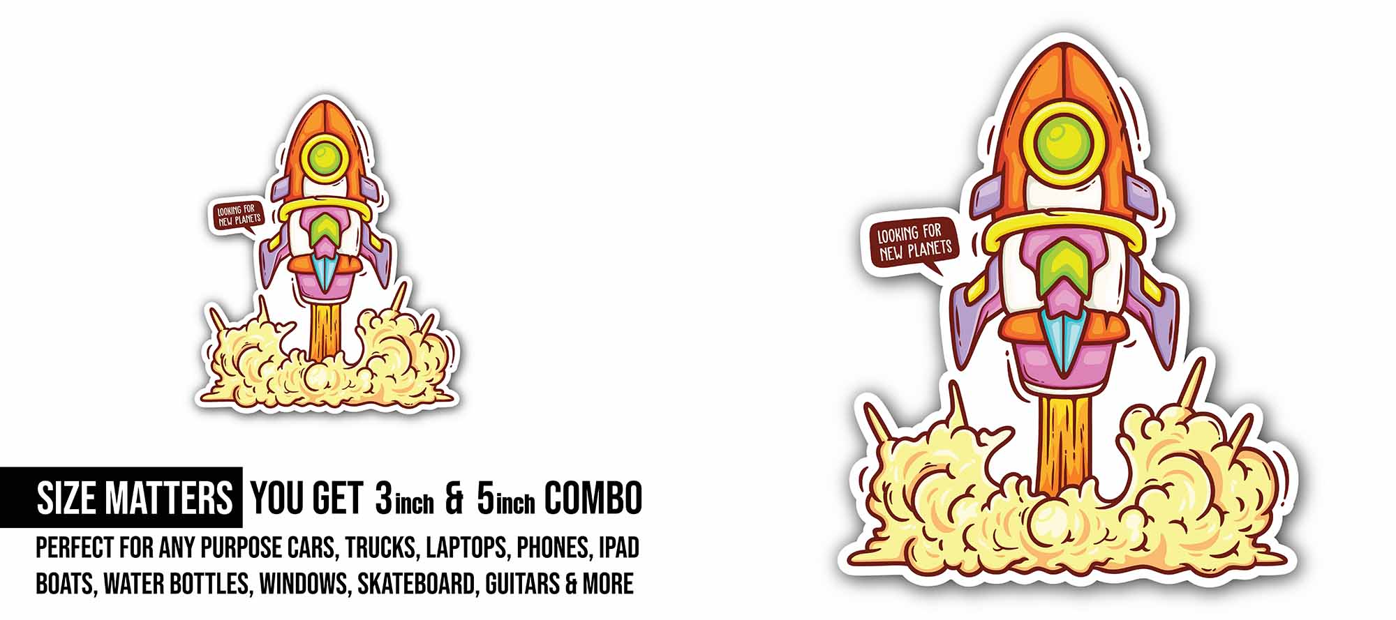 Rocket Sticker, Waterproof Vinyl Decal Sticker Indoor Or Outdoor 2 (Pieces) 3" and 5"