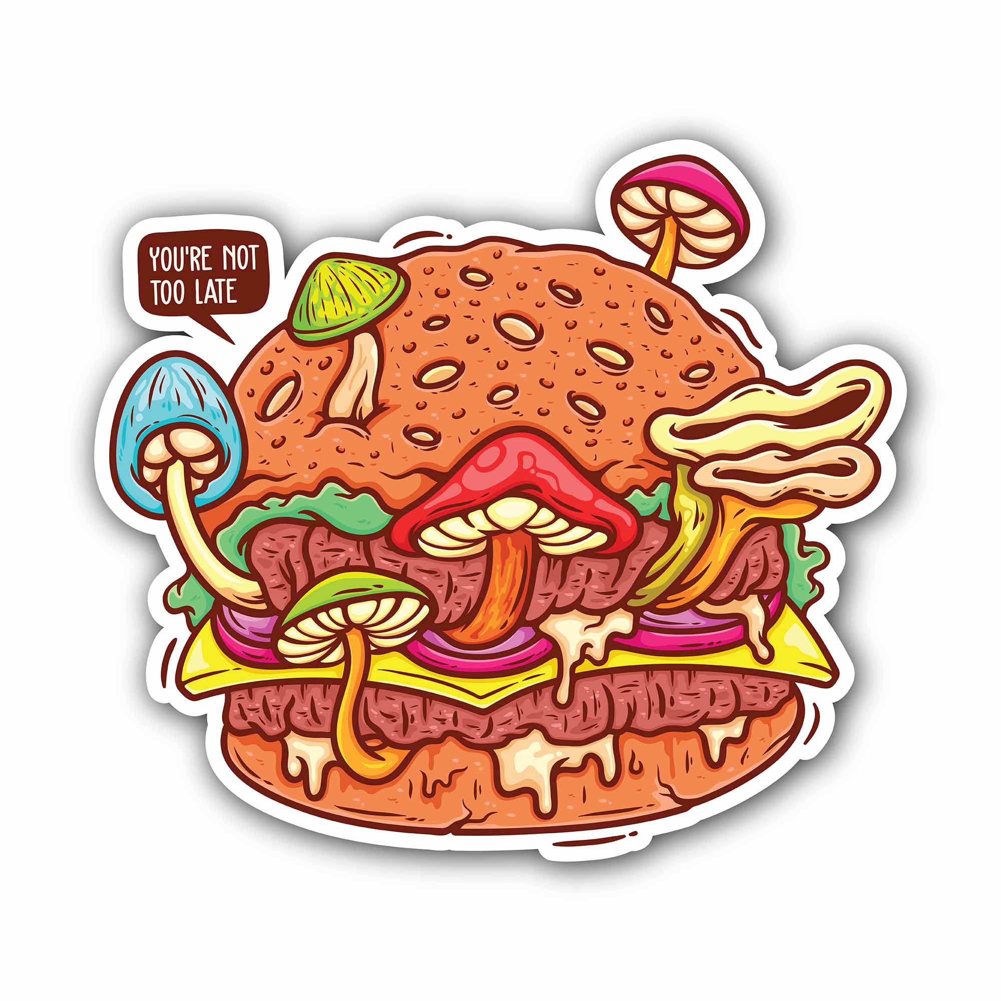 Mushroom Overgrown Burger Sticker, Waterproof Vinyl Decal Sticker Indoor Or Outdoor 2 (Pieces) 3" and 5"