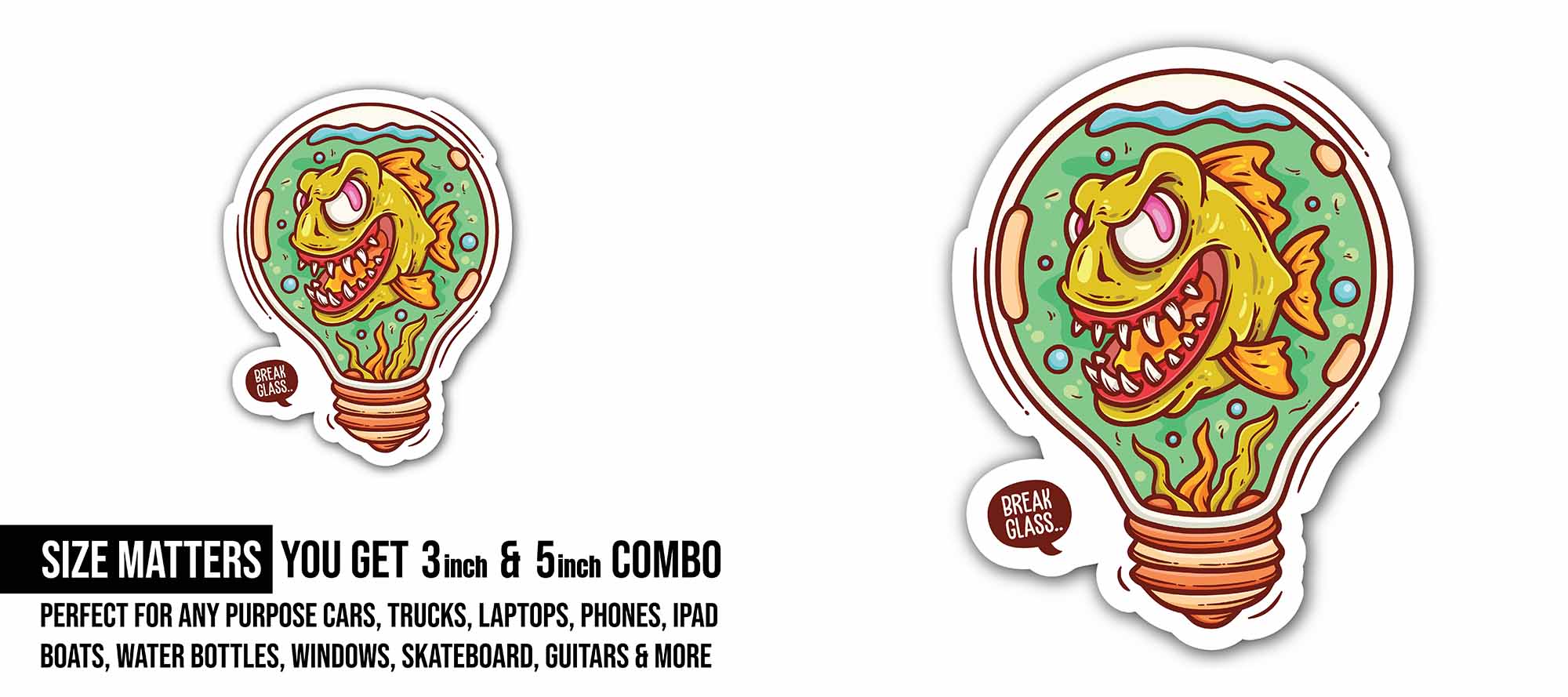 Piranha in A Bulb Sticker, Waterproof Vinyl Decal Sticker Indoor Or Outdoor 2 (Pieces) 3" and 5"