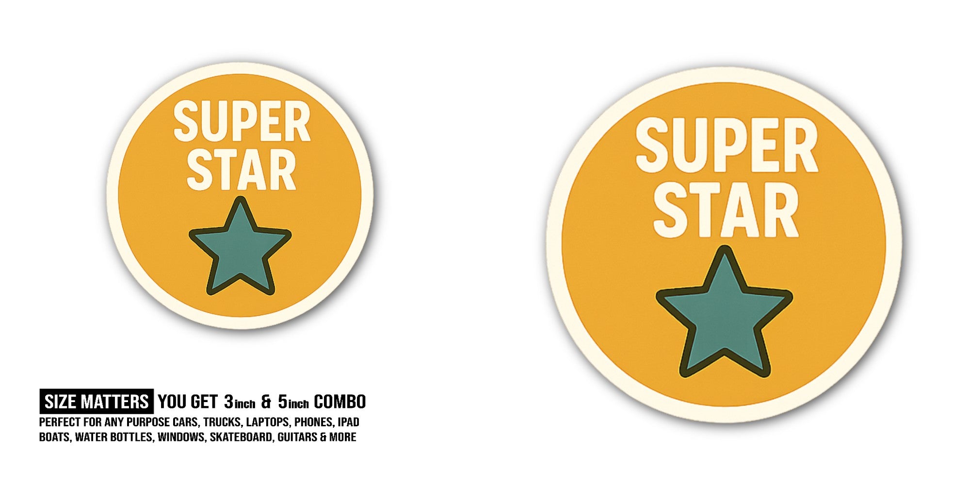 SUPER STAR Sticker, Waterproof Vinyl Decal Sticker Indoor Or Outdoor 2 (Pieces) 3" and 5"