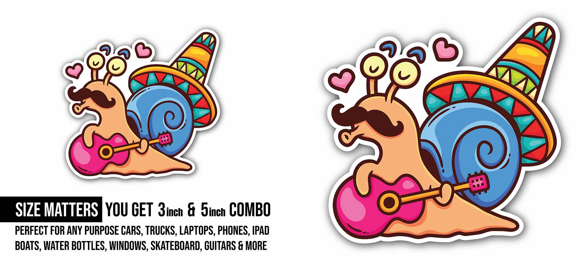 Guitar Playing with Snail Sticker, Waterproof Vinyl Decal Sticker Indoor Or Outdoor 2 (Pieces) 3" and 5"