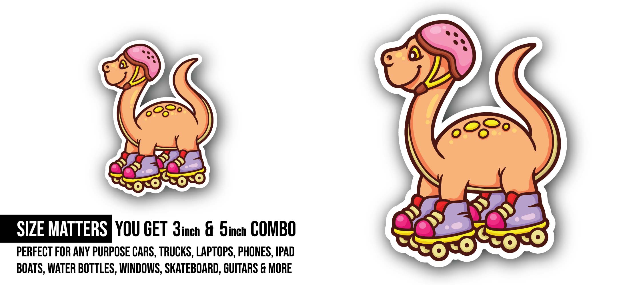 Dinosaur with Skate Sticker, Waterproof Vinyl Decal Sticker Indoor Or Outdoor 2 (Pieces) 3" and 5"