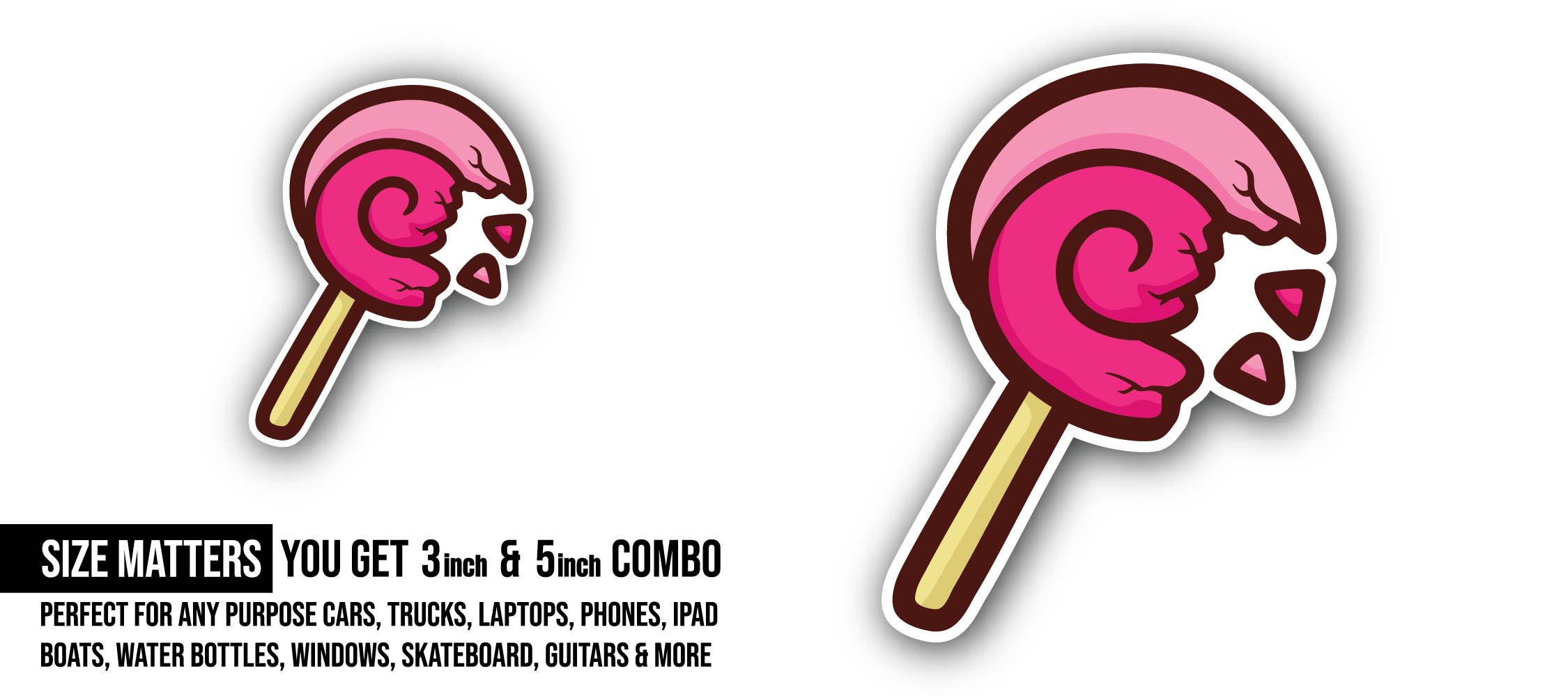 Pink Color Lollipop Sticker, Waterproof Vinyl Decal Sticker Indoor Or Outdoor 2 (Pieces) 3" and 5"