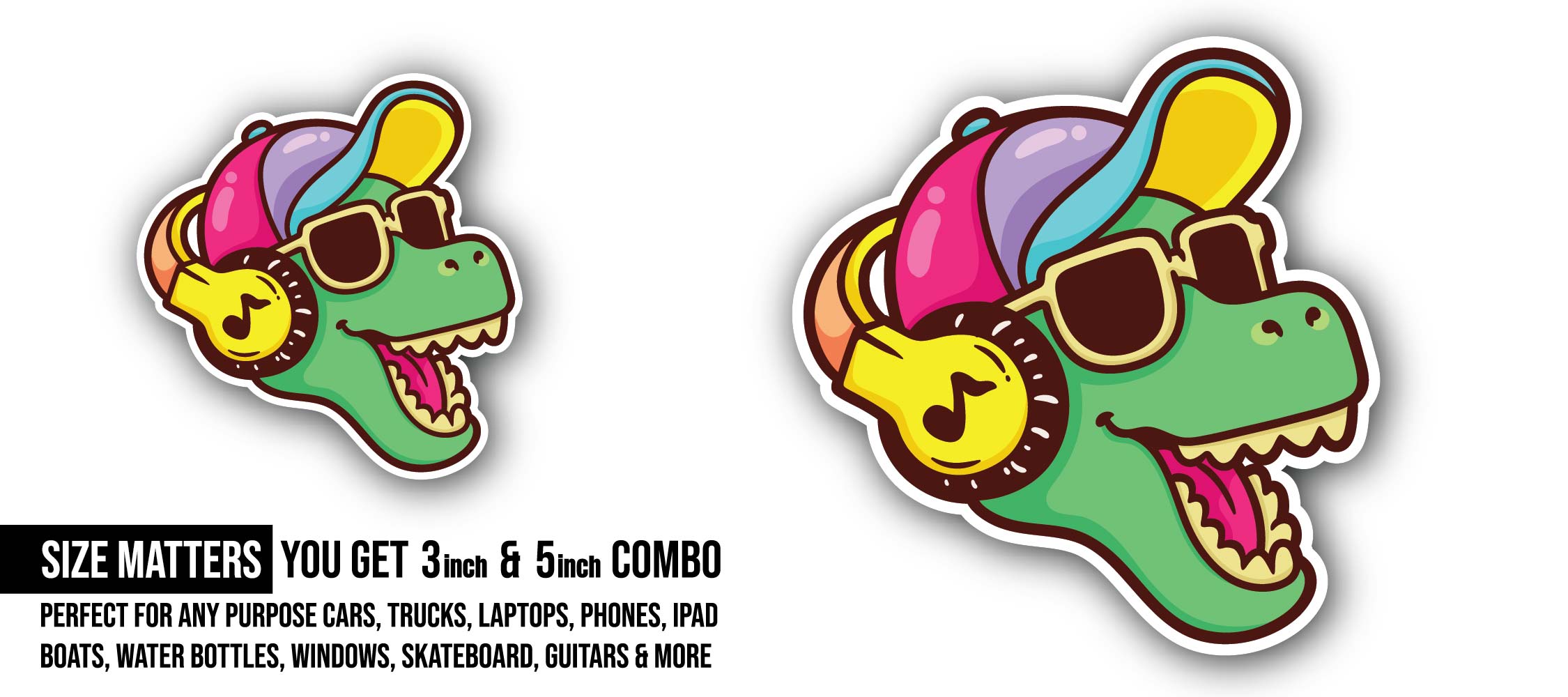 Dinosaur in Headphone and Sunglasses Sticker, Waterproof Vinyl Decal Sticker Indoor Or Outdoor 2 (Pieces) 3" and 5"