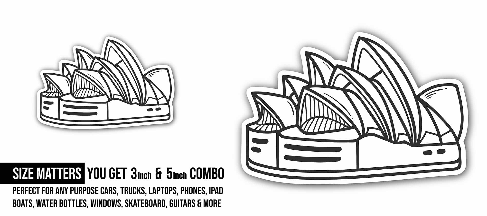 Line Art with Sydney Opera House Sticker, Waterproof Vinyl Decal Sticker Indoor Or Outdoor 2 (Pieces) 3" and 5"