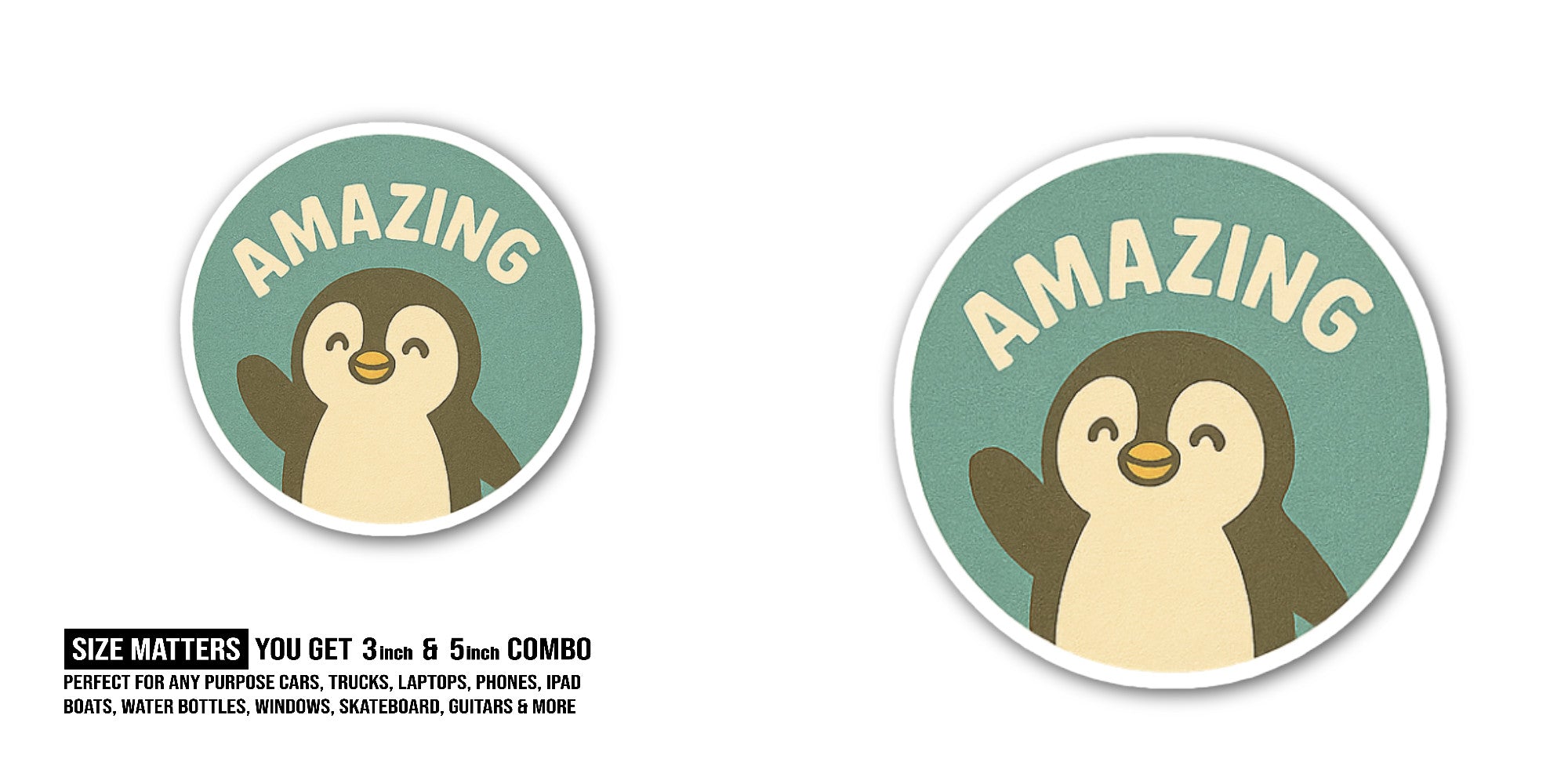AMAZING Penguin Sticker, Waterproof Vinyl Decal Sticker Indoor Or Outdoor 2 (Pieces) 3" and 5"