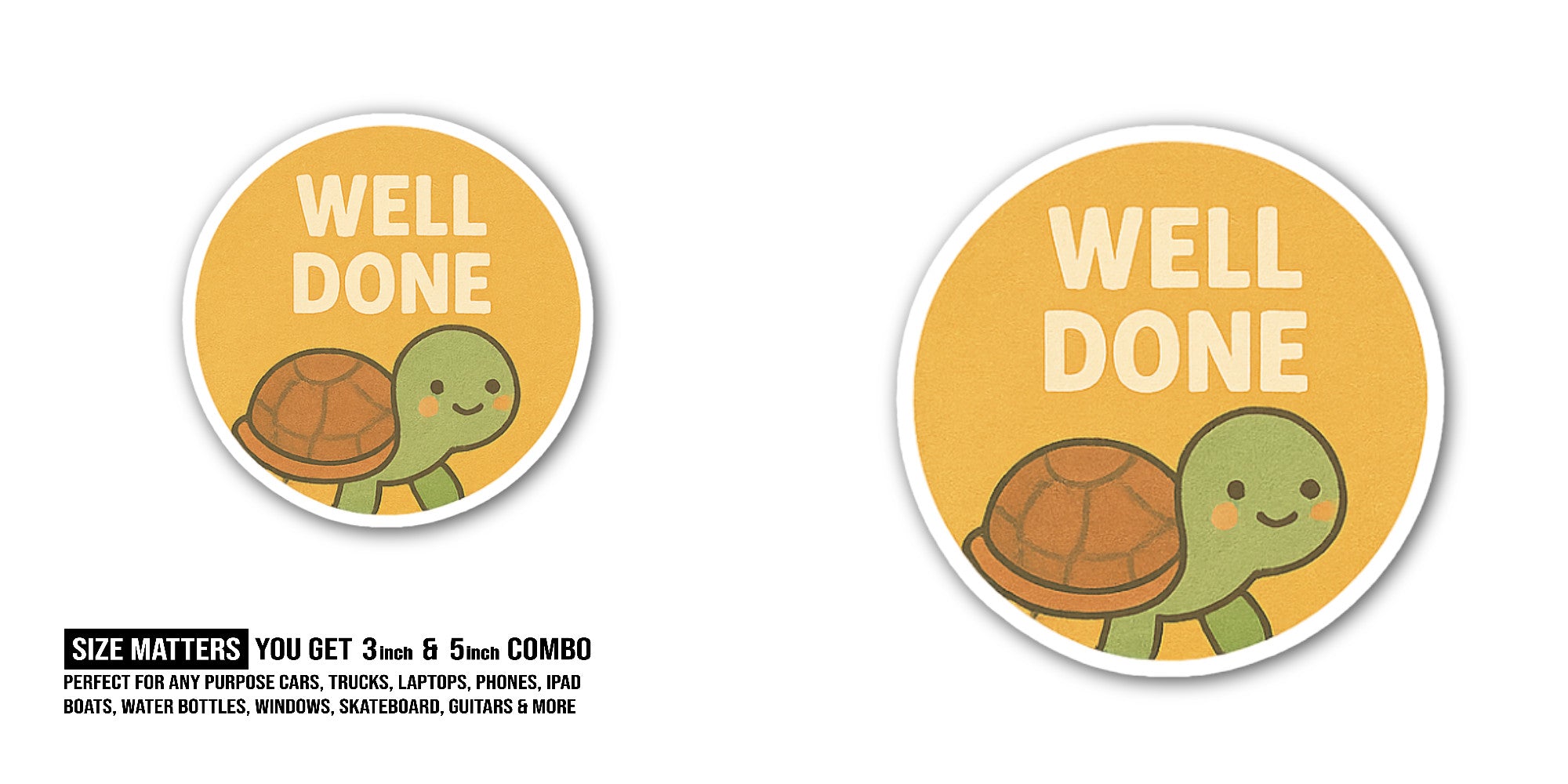 WELL DONE Cute Turtle Sticker, Waterproof Vinyl Decal Sticker Indoor Or Outdoor 2 (Pieces) 3" and 5"
