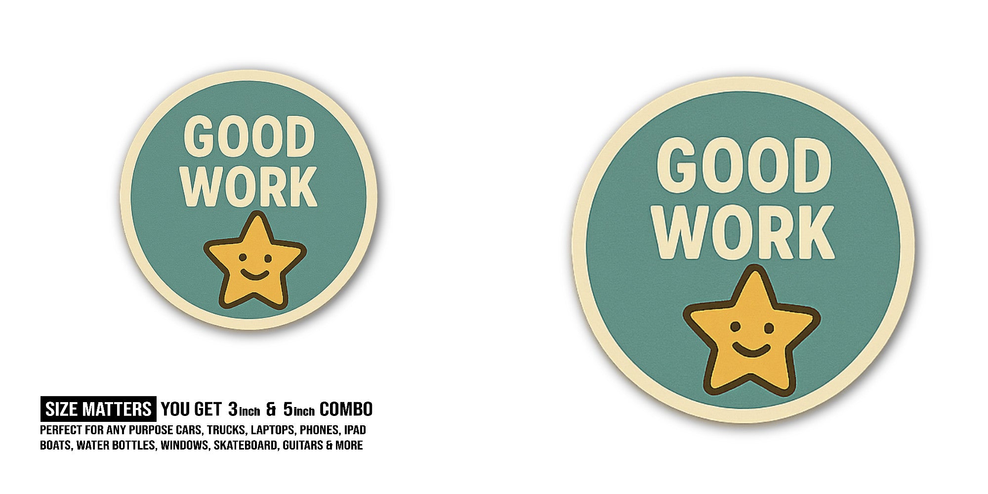 GOOD WORK & Cute Star Sticker, Waterproof Vinyl Decal Sticker Indoor Or Outdoor 2 (Pieces) 3" and 5"