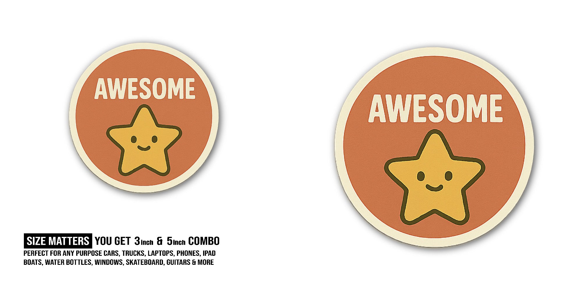 AWESOME & Cute Star Sticker, Waterproof Vinyl Decal Sticker Indoor Or Outdoor 2 (Pieces) 3" and 5"