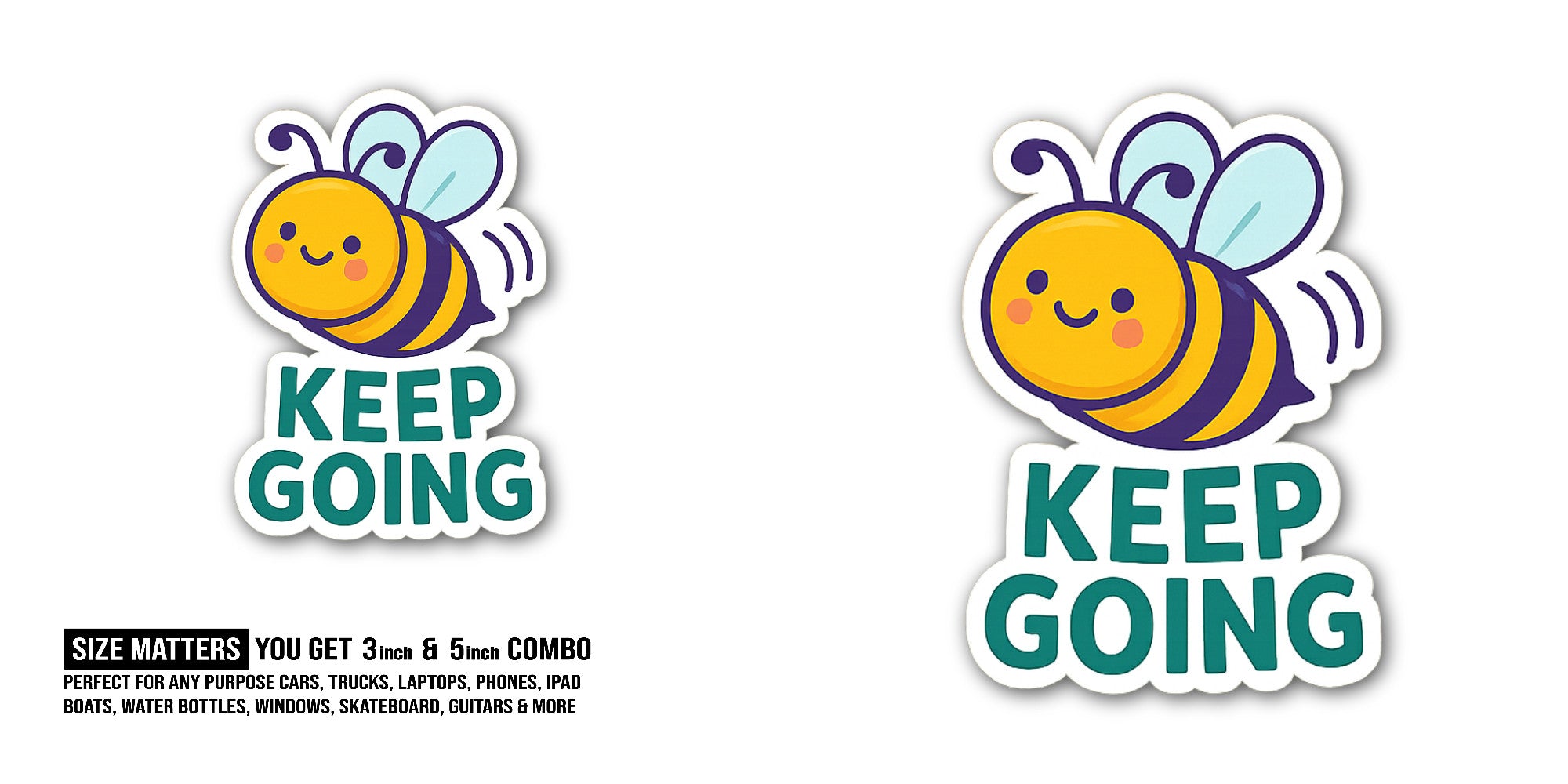 KEEP GOING Cute Flying Bee Sticker, Waterproof Vinyl Decal Sticker Indoor Or Outdoor 2 (Pieces) 3" and 5"