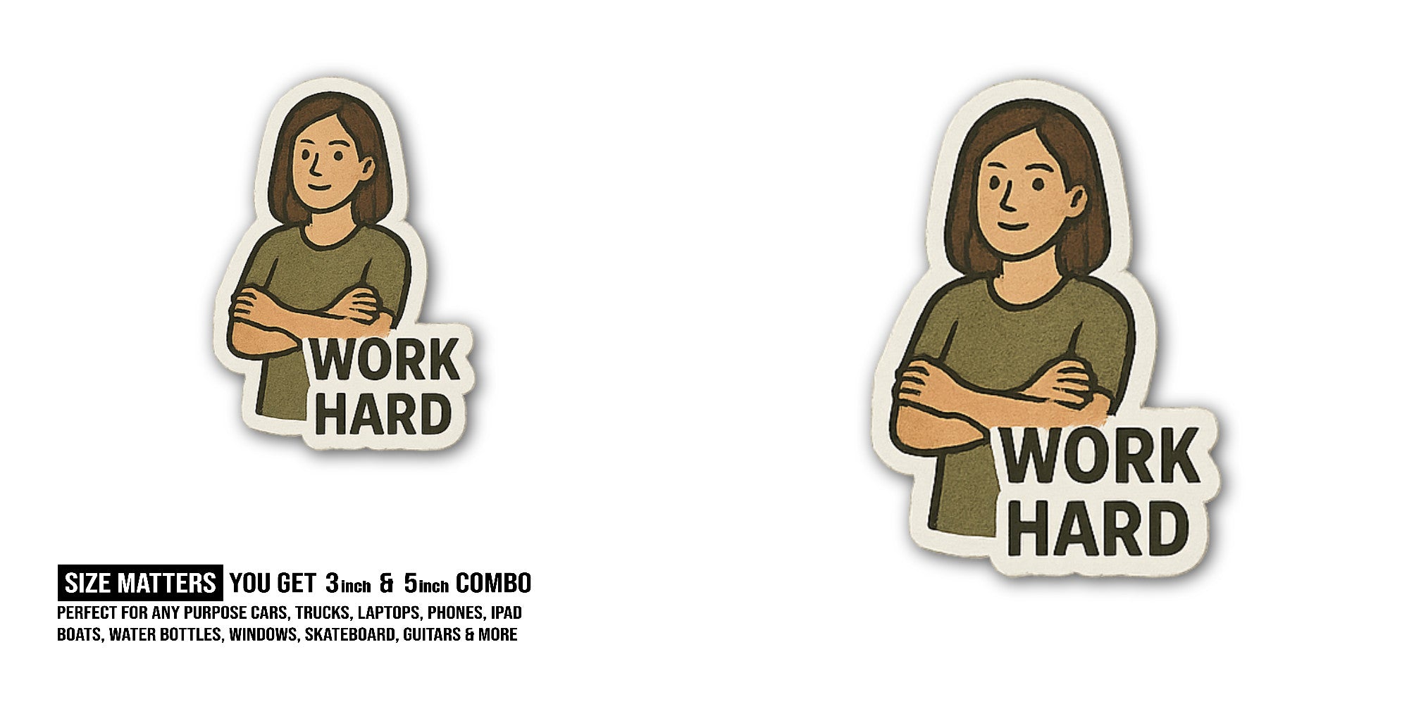 Woman with short, dark hair Sticker, Waterproof Vinyl Decal Sticker Indoor Or Outdoor 2 (Pieces) 3" and 5"