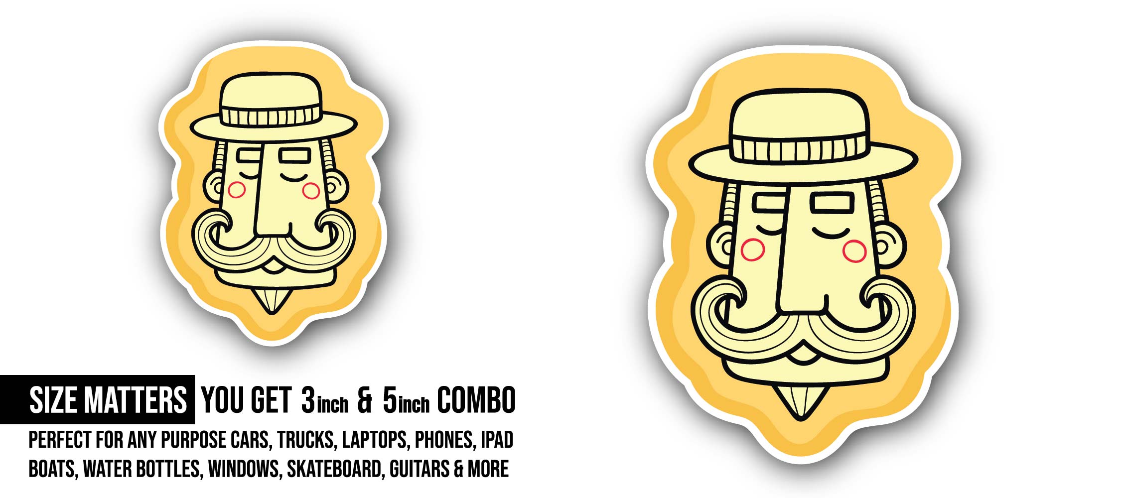 Man Face Sticker, Waterproof Vinyl Decal Sticker Indoor Or Outdoor 2 (Pieces) 3" and 5"