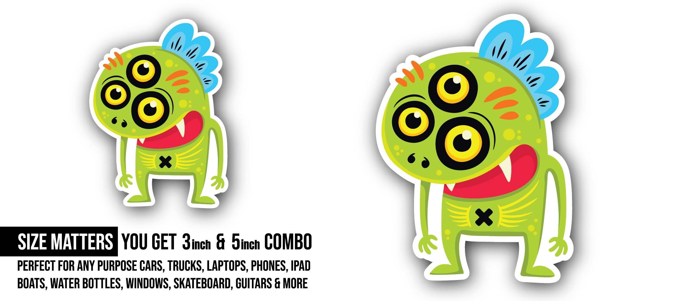 Green Color Monster Sticker, Waterproof Vinyl Decal Sticker Indoor Or Outdoor 2 (Pieces) 3" and 5"